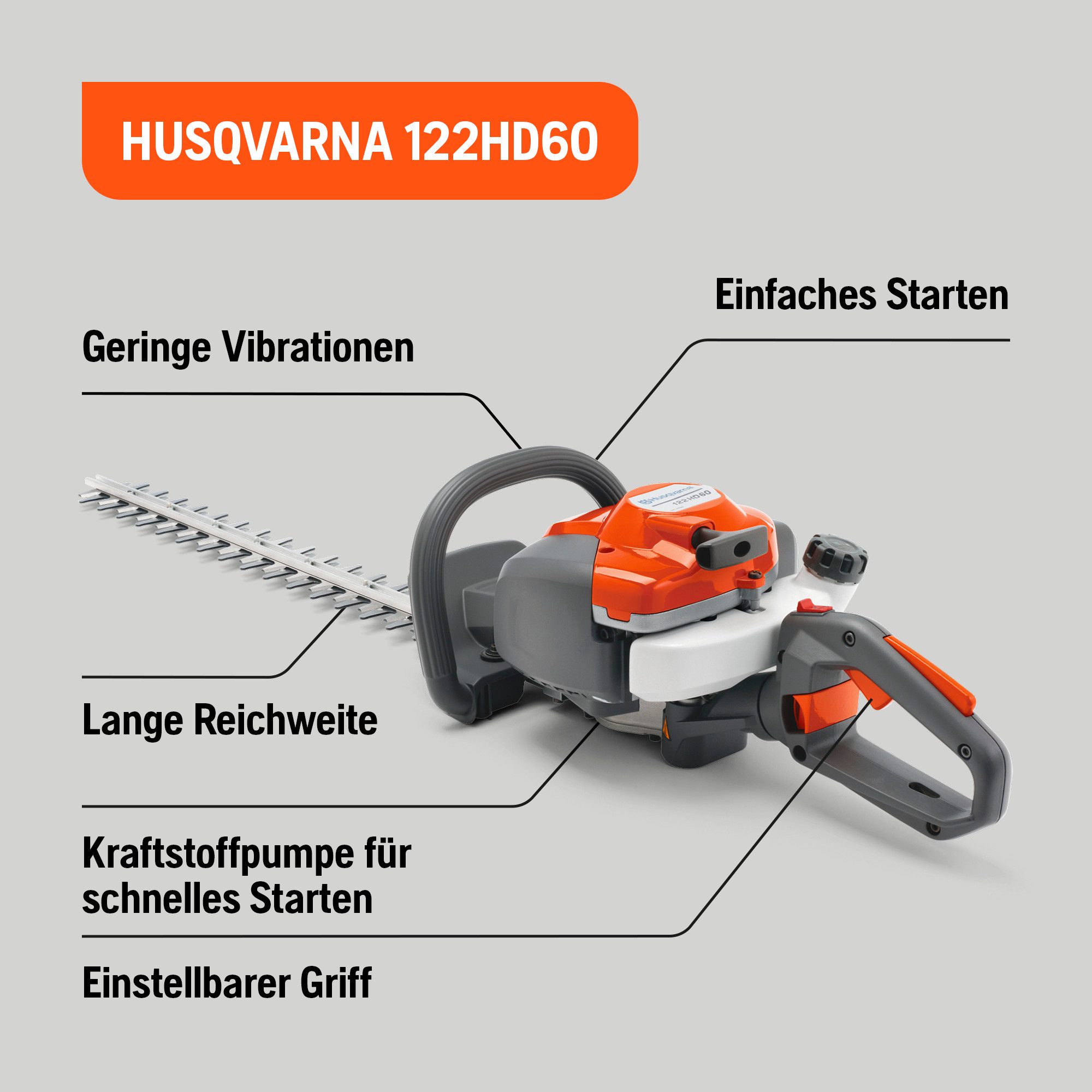 Husqvarna Benzin-Heckenschere 122HD60, 21,7-cm³-Motor, 59-cm-Dual-Action-Messer, LowVib-Vibrationsreduzierung – Bild 2 von 5
