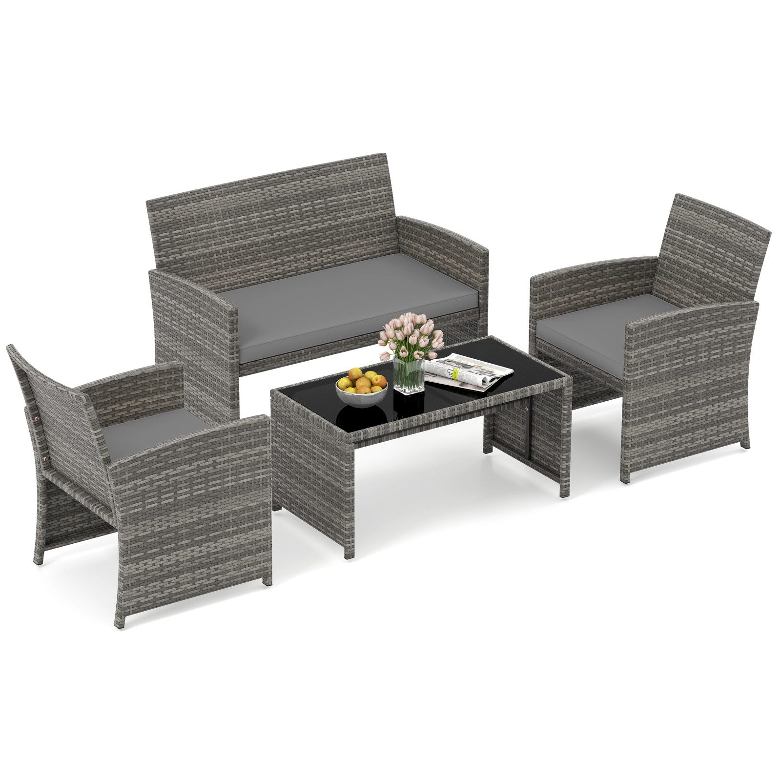 COSTWAY Balkonset, (4-tlg), 4 Personen Rattan Gartenlounge Set 2 Stühle, Bank, Tisch