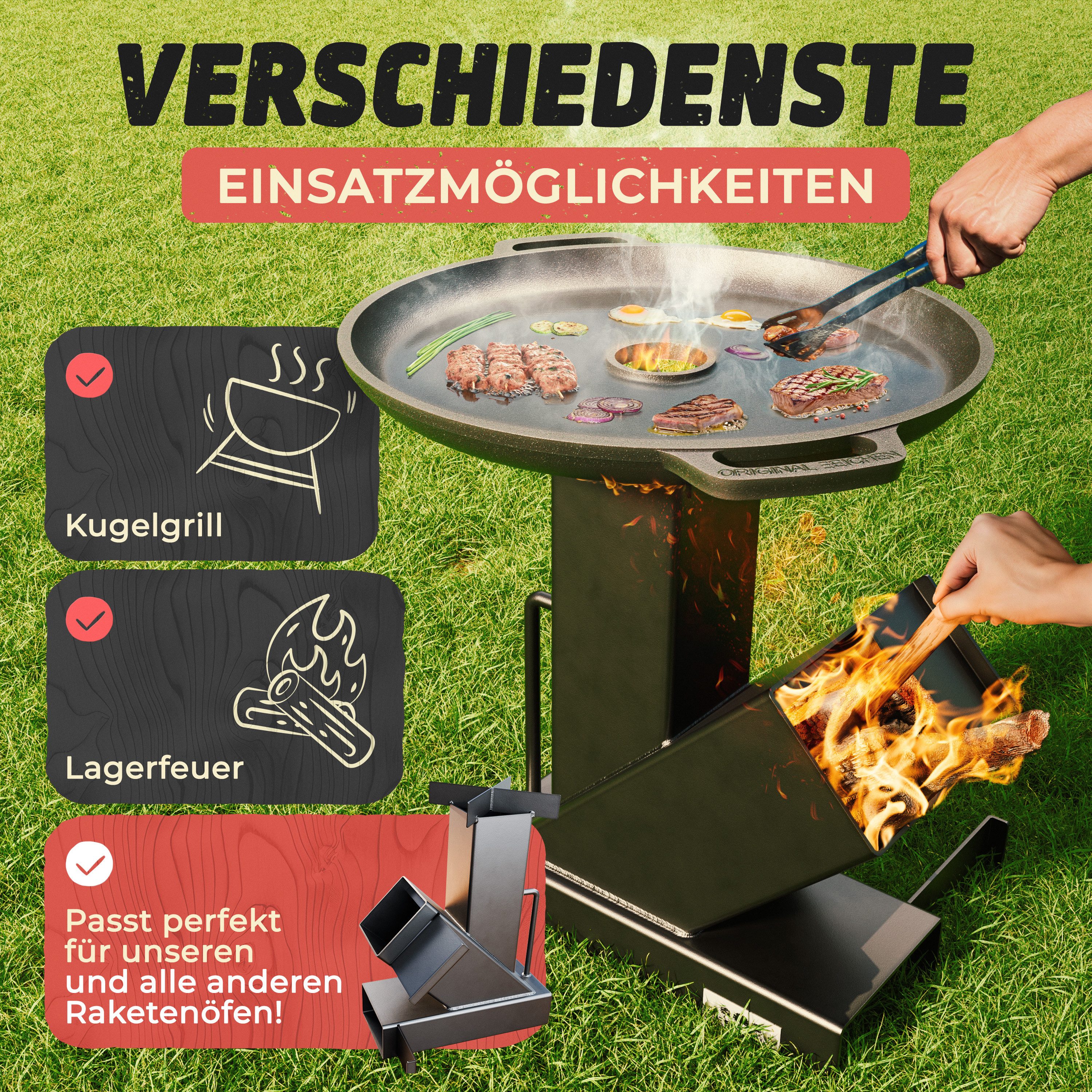 Drei Eichen Grillplatte Feuerplatte aus Gusseisen mit Tropfschutz. Ø35cm. Plancha Raketenofen (Stück, 1x Plancha Grillplatte aus Gusseisen Ø 35 cm, Stärke 5 mm  – Bild 5 von 5