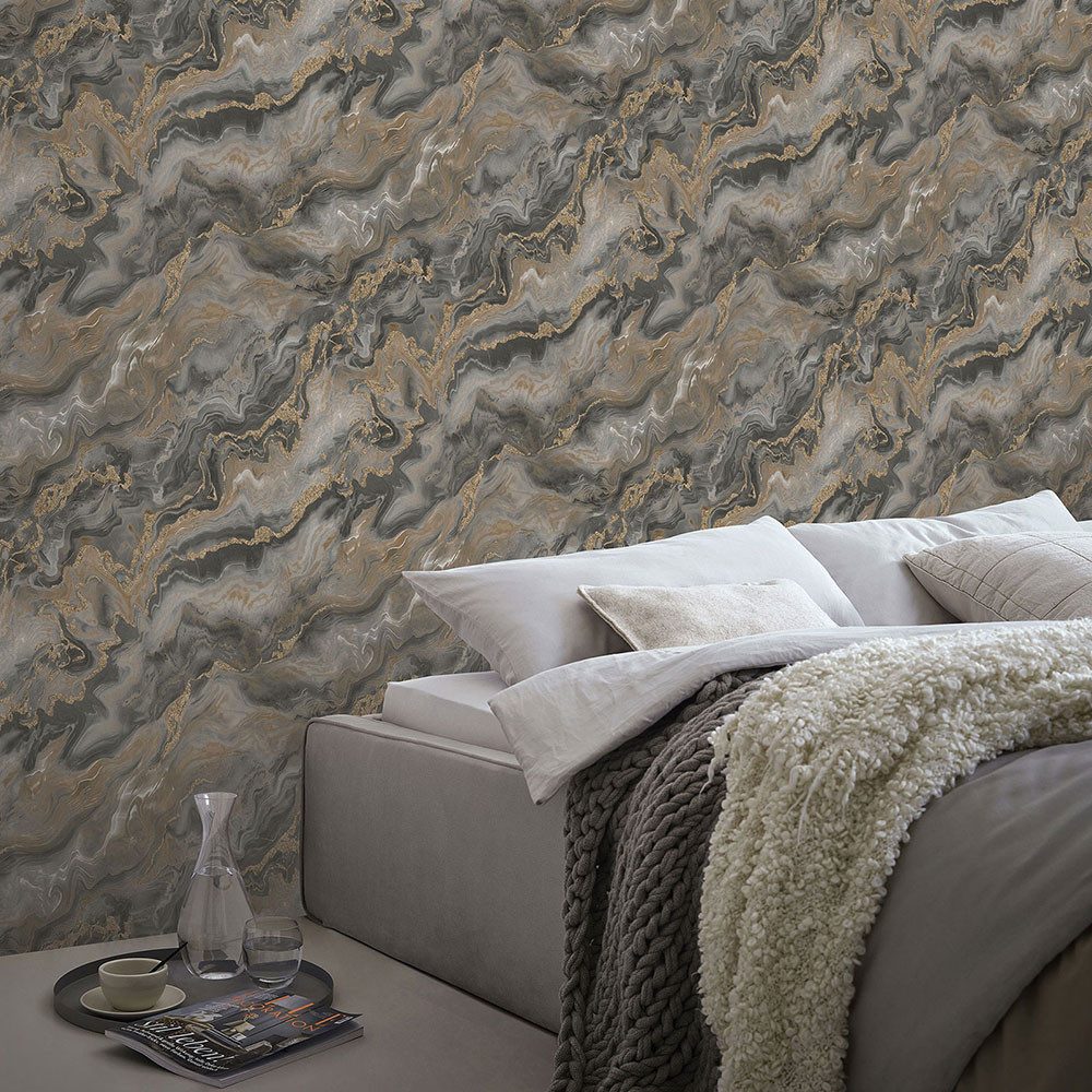 Erismann Vliestapete Marmor Optik Wellen Taupe Gold Metallic 10447-37 Elle Decoration
