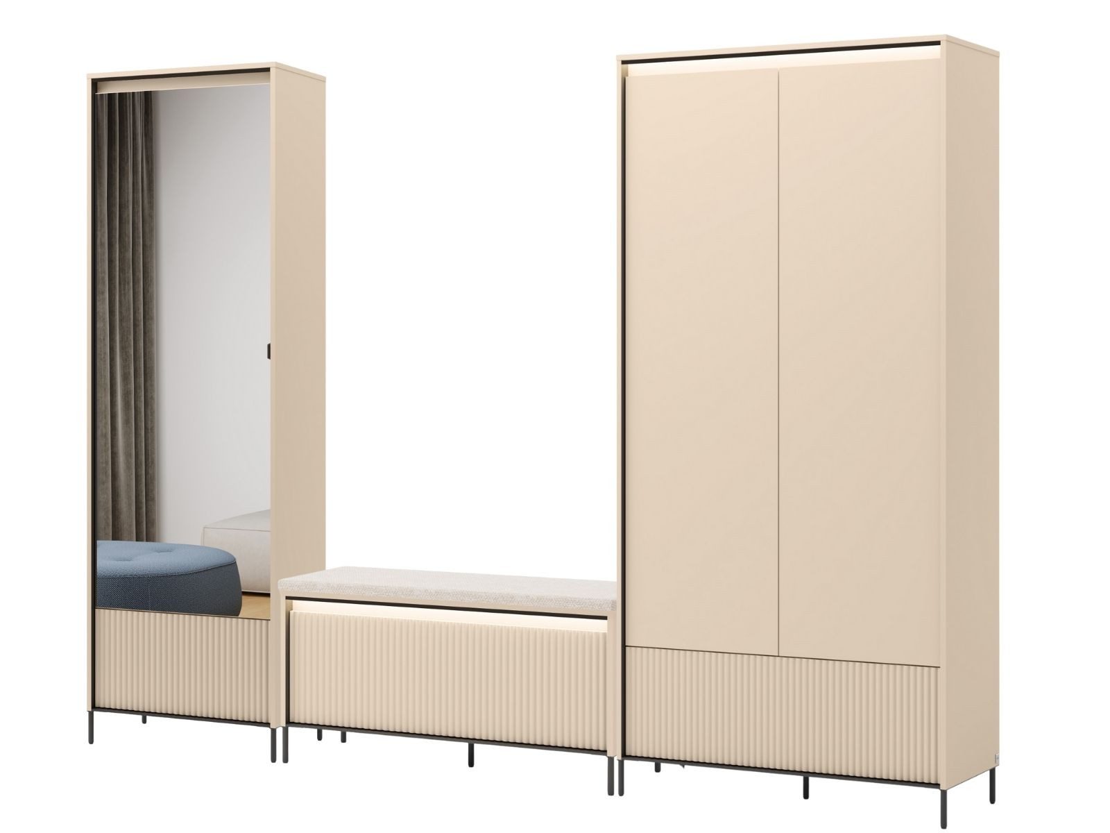 Compleo Garderoben-Set beige, 2x Schrank und Sitzbank FLORE, Flurgarderobe mit Sitzbank
