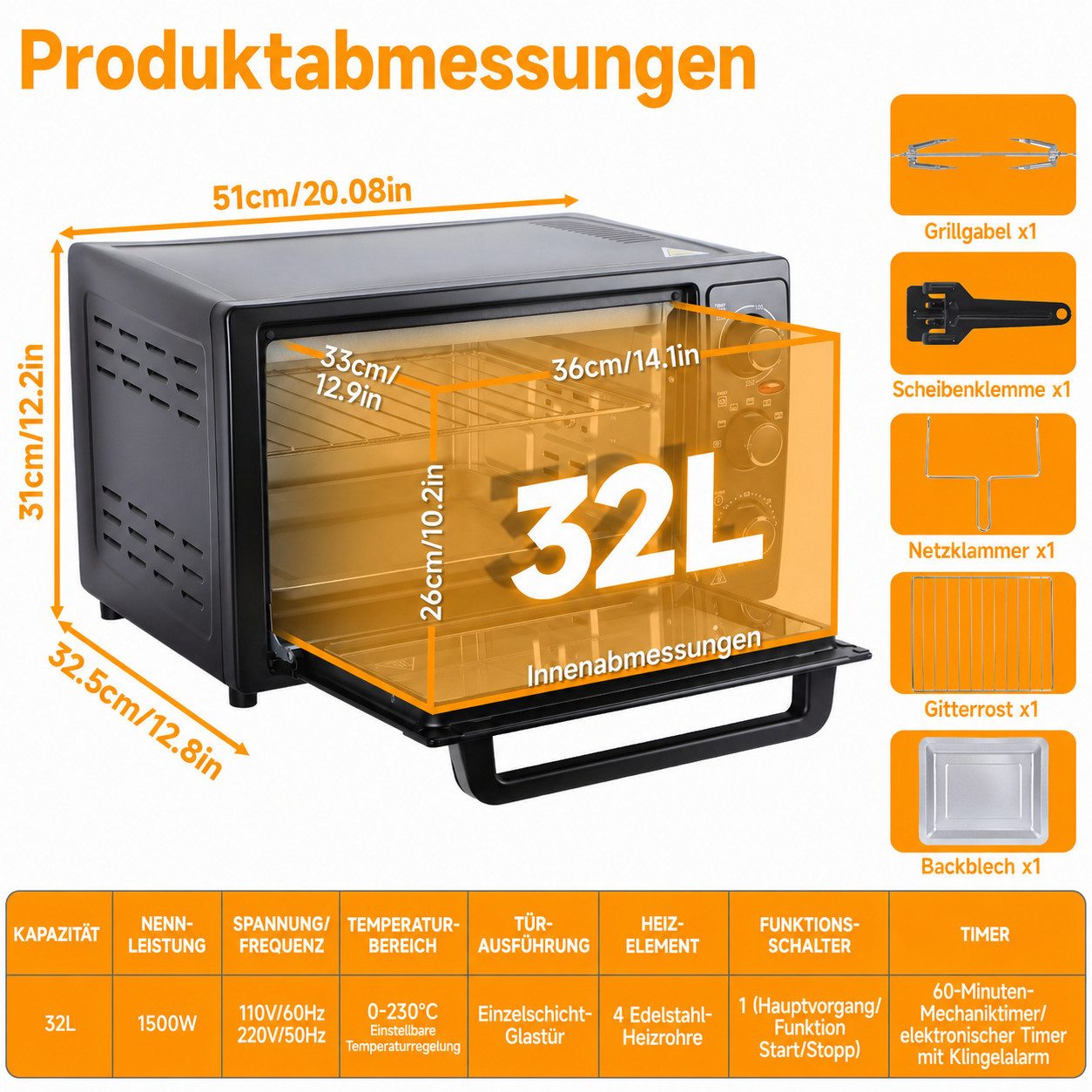 Rutaqian Minibackofen Minibackofen 32 Liter, 1500W Mini Backofen Heißluft Umluft, 60 Min Timer Alarm, 0-230°C Einstellbar, Rotisserie-Set Inklusive