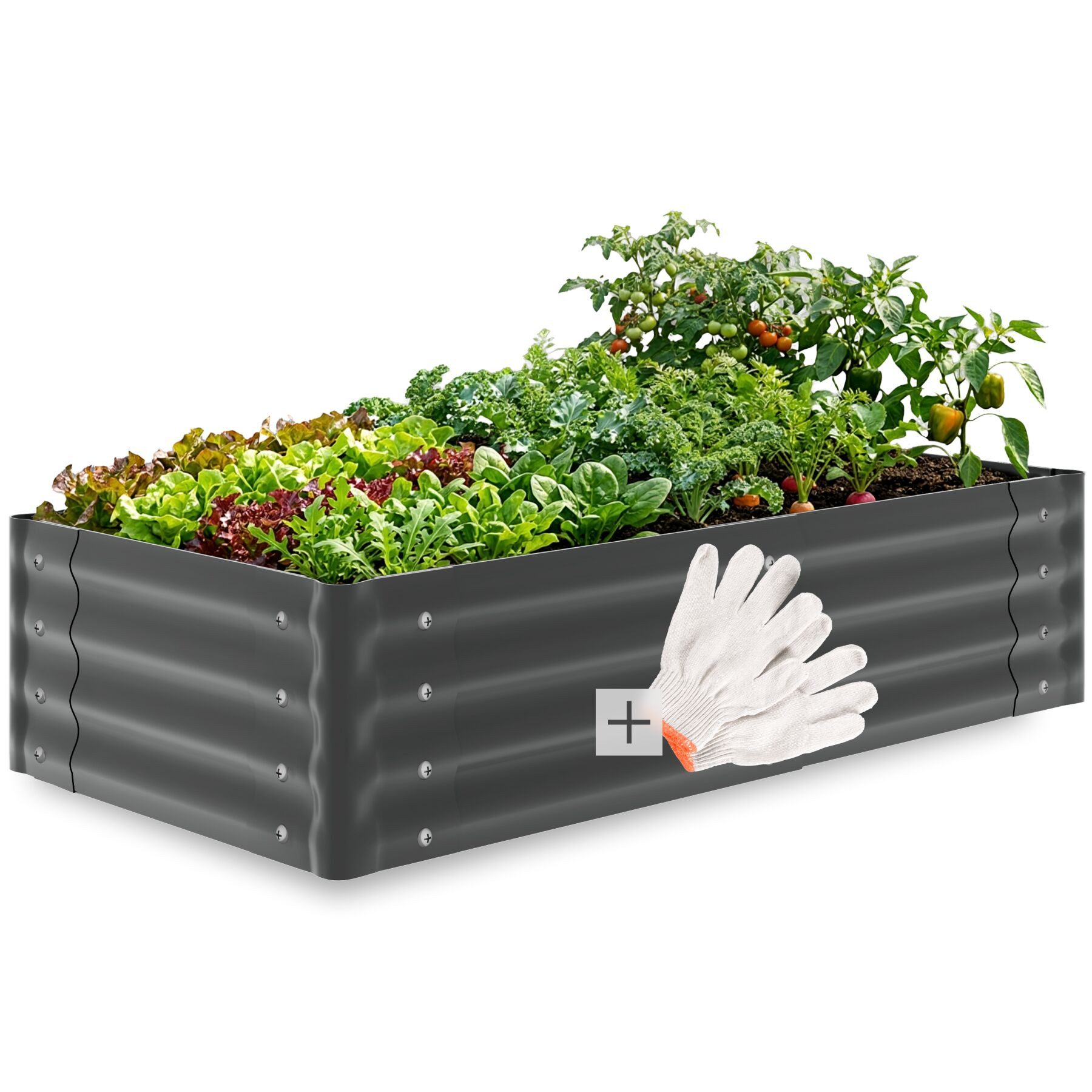 tectake Hochbeet stabiler Gemüsekasten aus verzinktem Stahl, mit offenem Boden (Pflanzkasten Salvia, in grau, 200 L), sicher, witterungsbeständig, inklusive Arbeitshandschuhe
