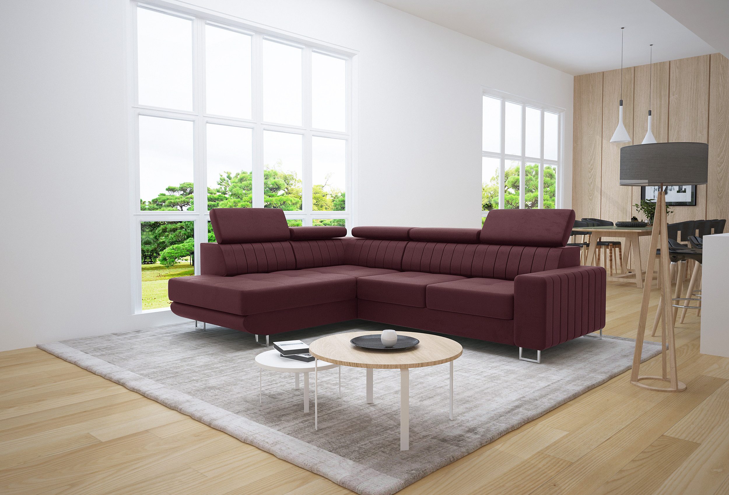 thematys Ecksofa POLA mit Schlaffunktion und Bettkasten, L-Form, Samt, - mit verstellbaren Kopfstützen, – L-Form 250×183 cm – Schlafsofa mit Auszug