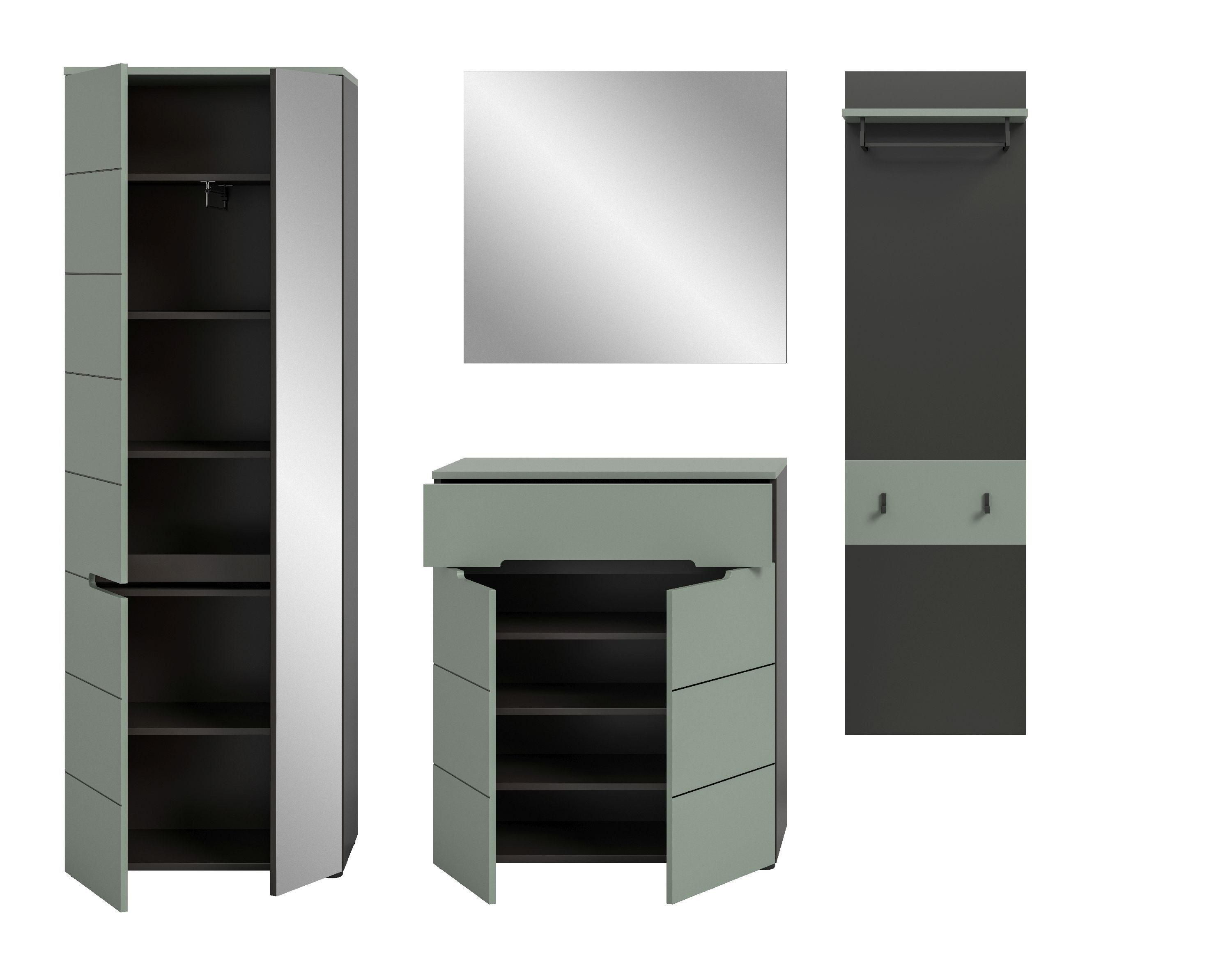 xonox.home Garderoben-Set, (4tlg. Set inkl. Garderobenschrank, Paneel, Schuhkommode, Spiegel), Smoke Green Melamin beschichtet modern 220x190x37 cm