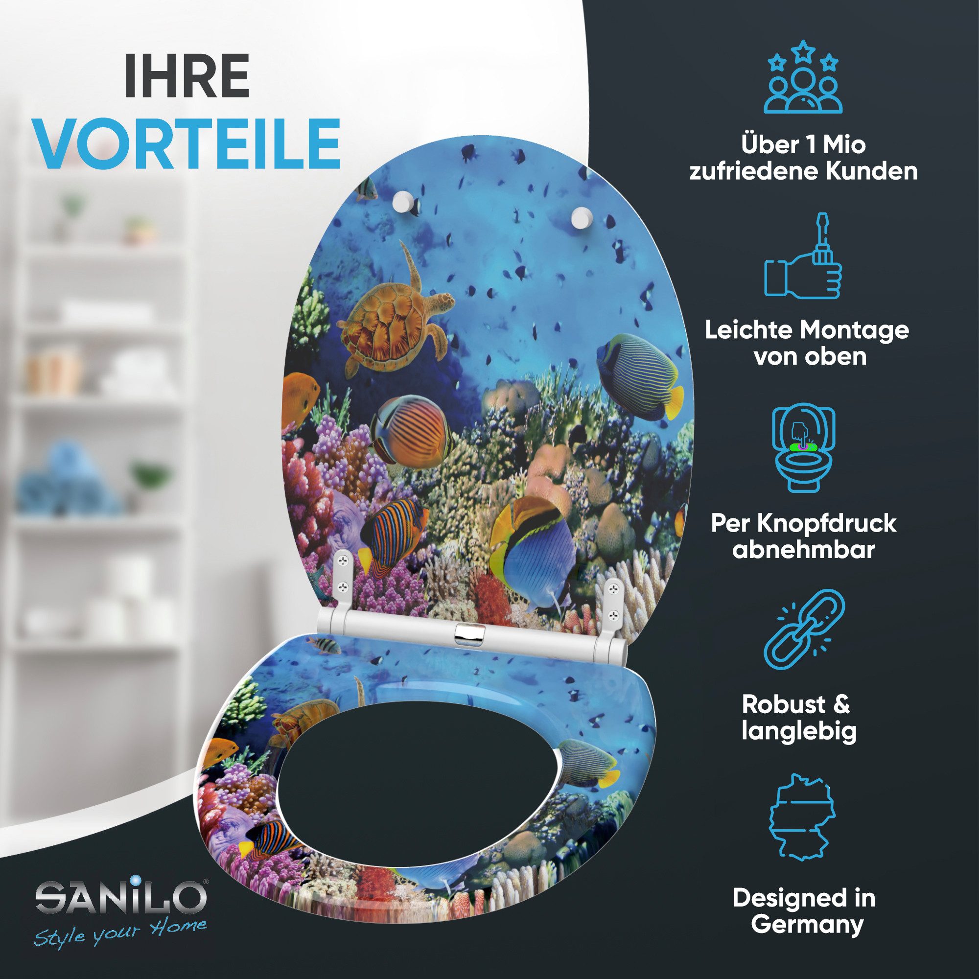 Sanilo WC-Sitz mit Absenkautomatik, viele Toilettendeckel direkt vom Hersteller, hochwertig & modern, universell, leichte Montage