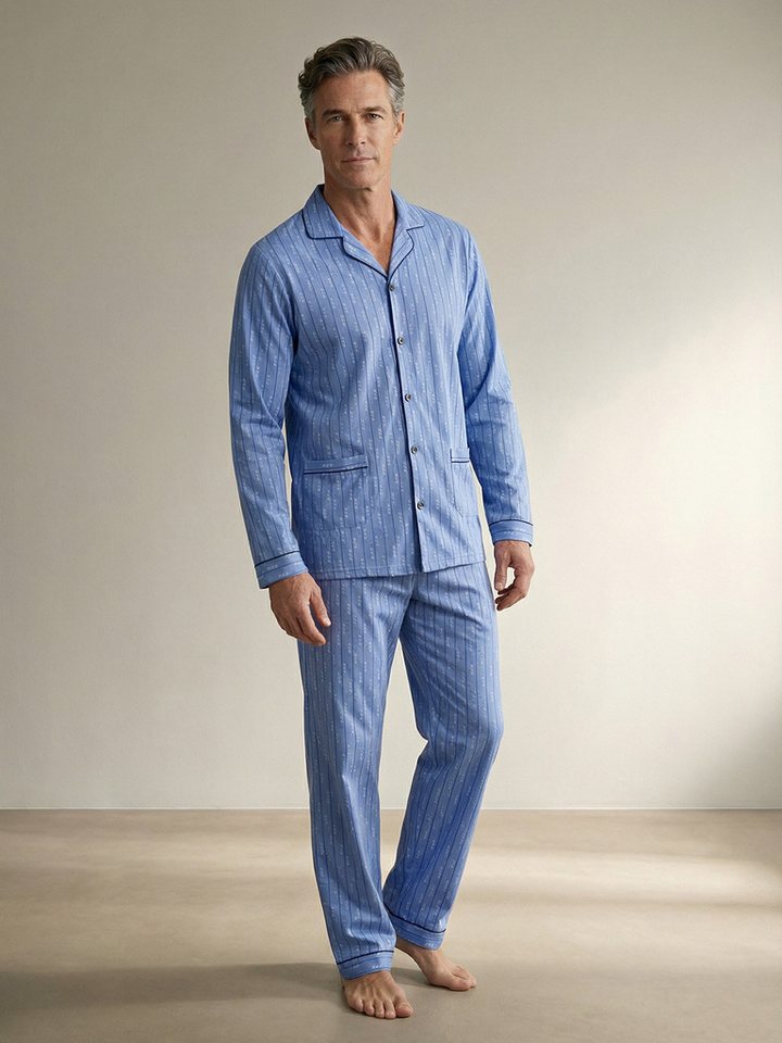 Lucky Pyjama Langarm- elegante Streifen farbliche Paspel Hemdkragen 2 Taschen