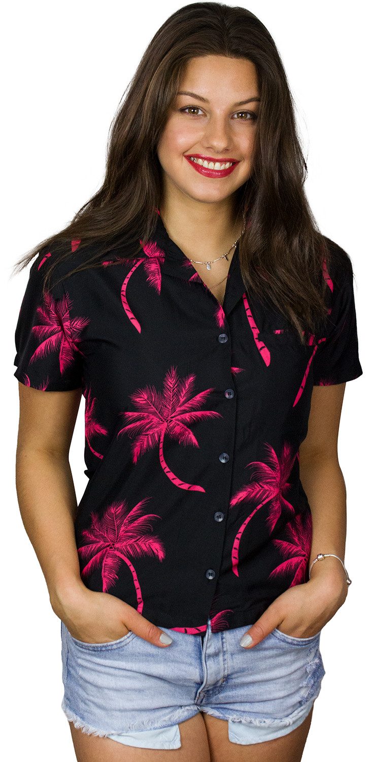 Hawaiihemd Palmshadow Funky Hawaiibluse Damen Kurzarm Front-Tasche Stylish