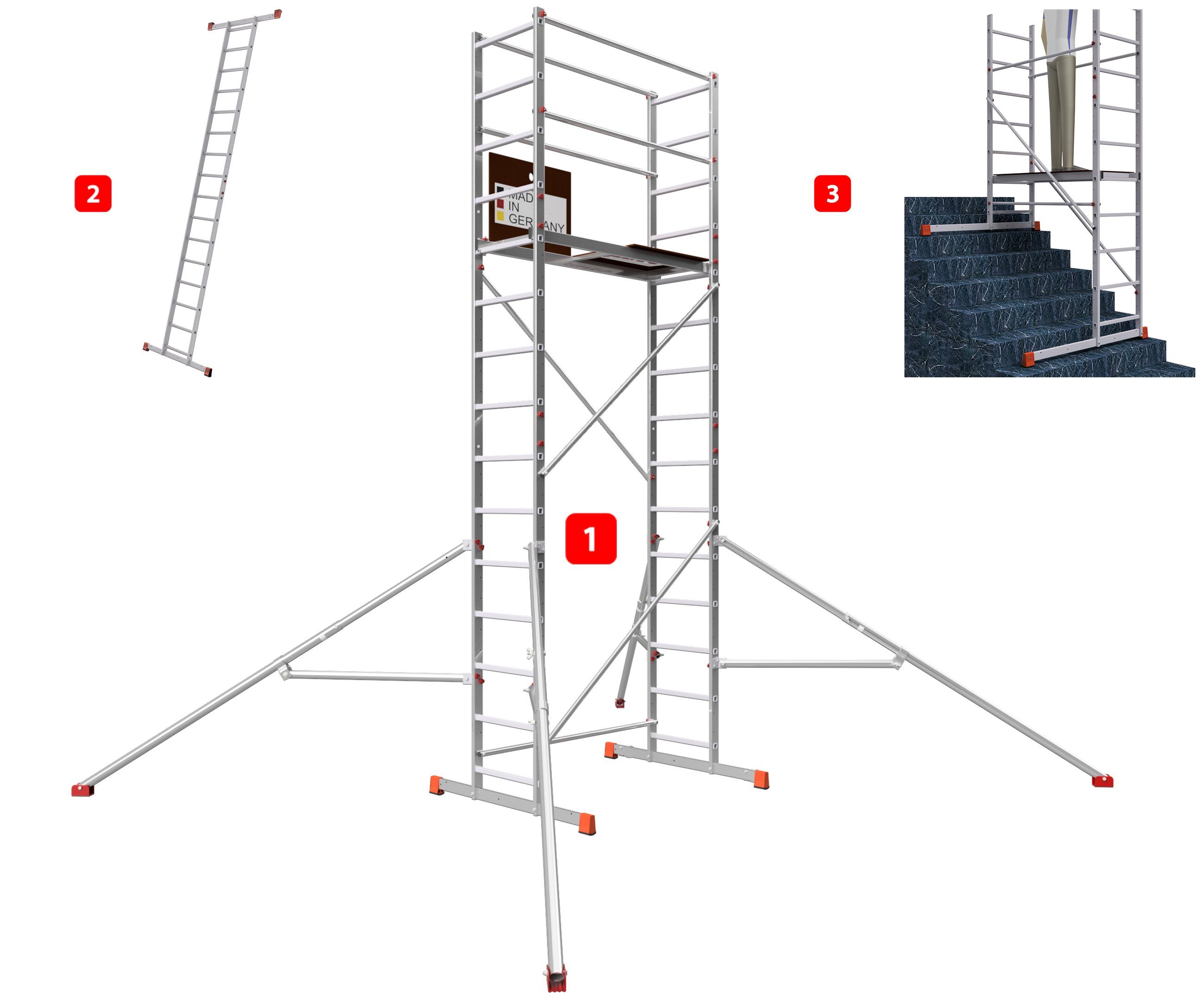 ALTEC Aluminium Arbeitsgerüst AluCombine® 4.0, Alu Standgerüst mit Traverse & Dreieckausleger, maximale Arbeitshöhe 7 Meter