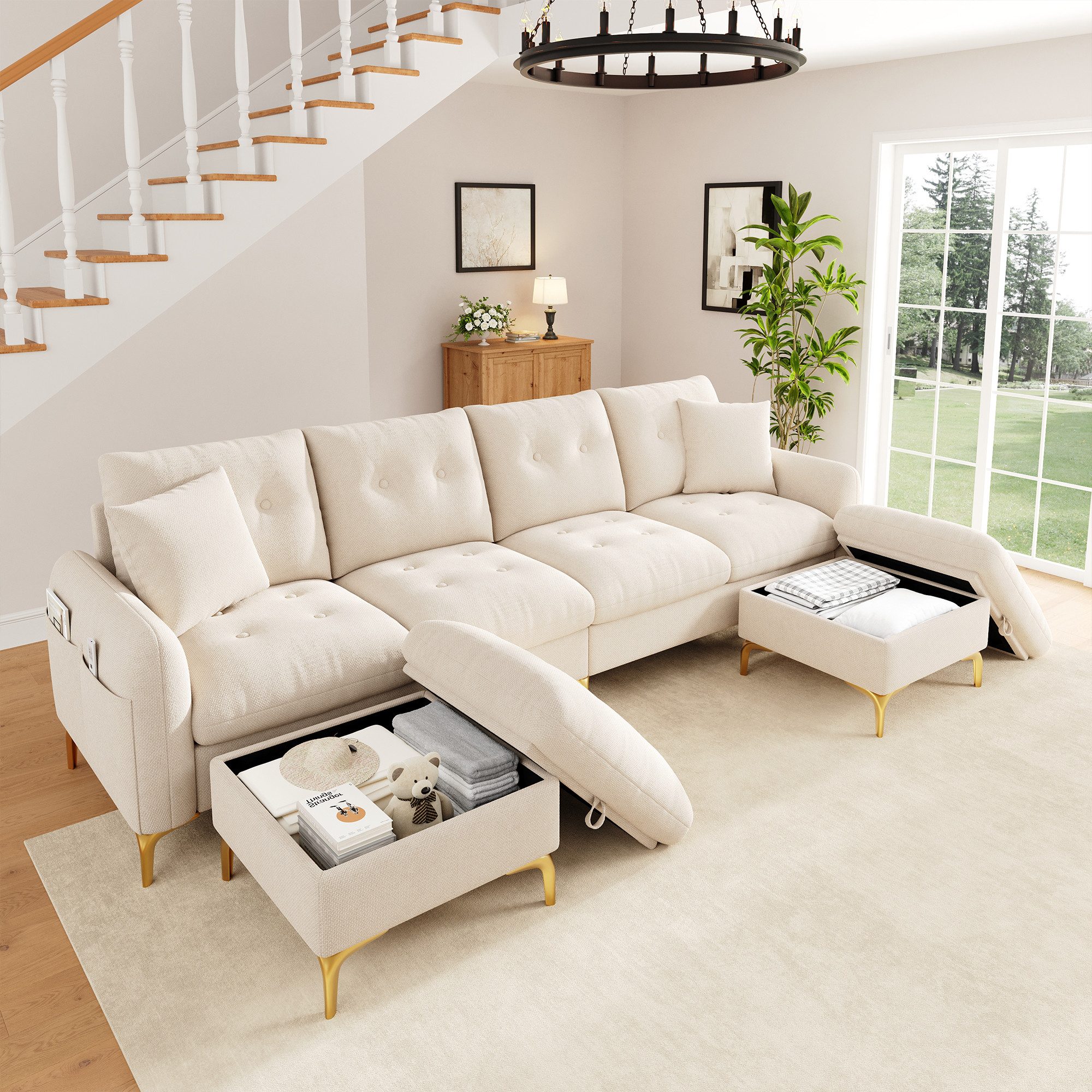 Flieks Sofa 4-Sitzer U-Form modulares Ecksofa mit 2 Stauraumhockern, 2 Zierkissen, 263×137×85 cm, Schlafsofa Couch Wohnlandschaft Chenille Beige, goldene Metallfüße