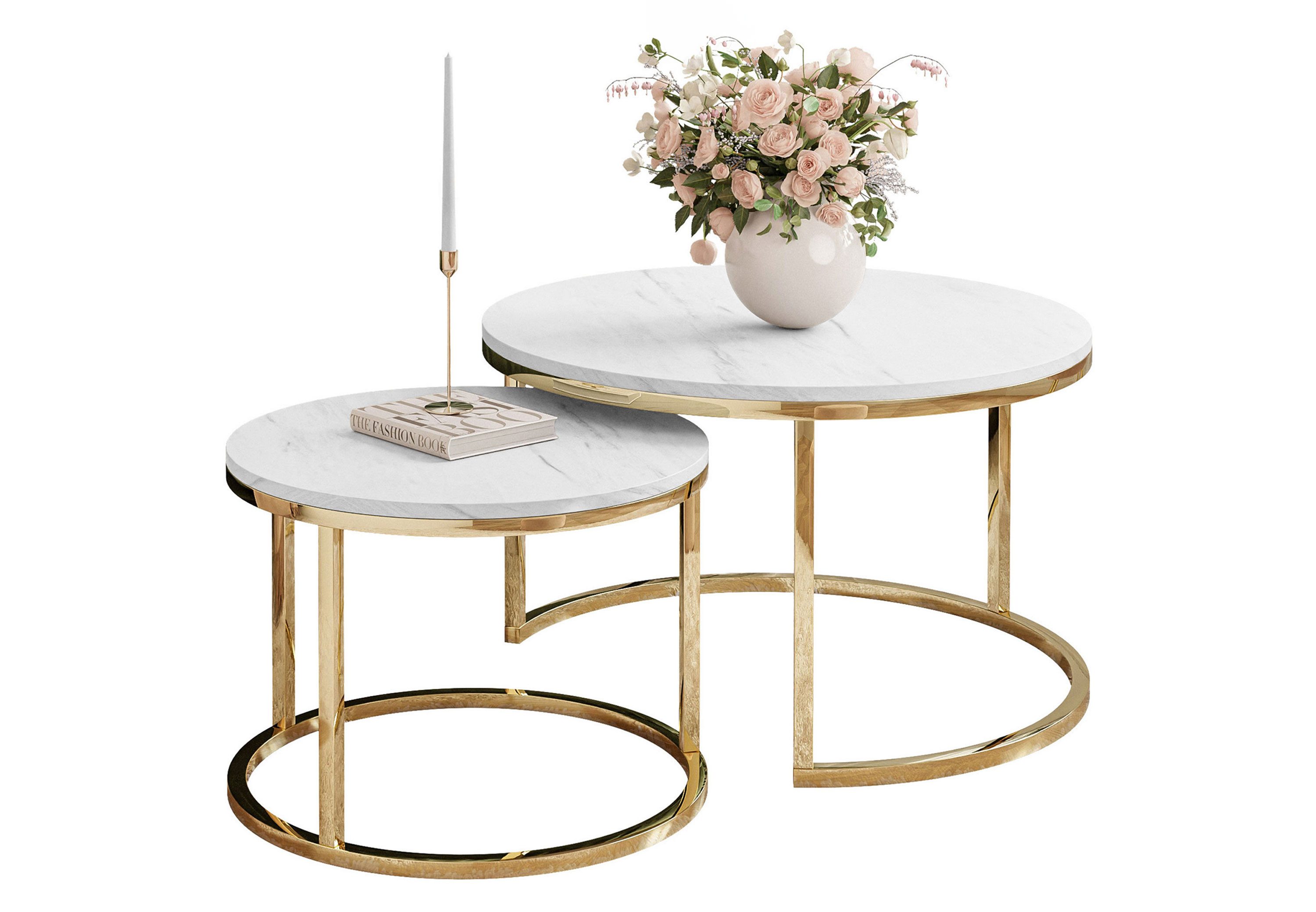 Lookway Couchtisch CIRI 2in1 LEVANTO mit Gold Chrom Gestell (2er-Set), Durchmesser: ⌀70 cm und ⌀50 cm