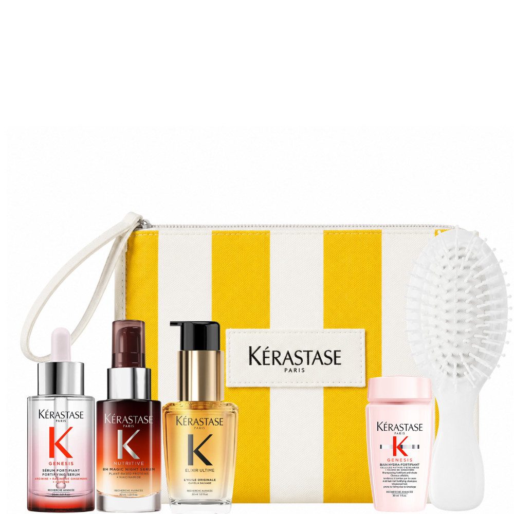 Kérastase Haarpflege-Set Iconics Travel Set mit Beauty Bag, 5-tlg., 3 Reisegrößen, 1 Mini und gratis Haarbürste