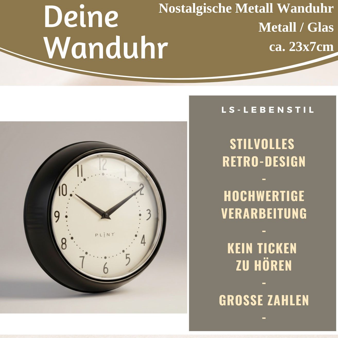 LS-LebenStil Wanduhr Nostalgische Metall Küchenuhr 23cm Schwarz Vintage Bürouhr Quarzwerk (Lautlos Leise ohne Ticken - Schlafzimmer Flur Büro Küche Wohnzimmer)