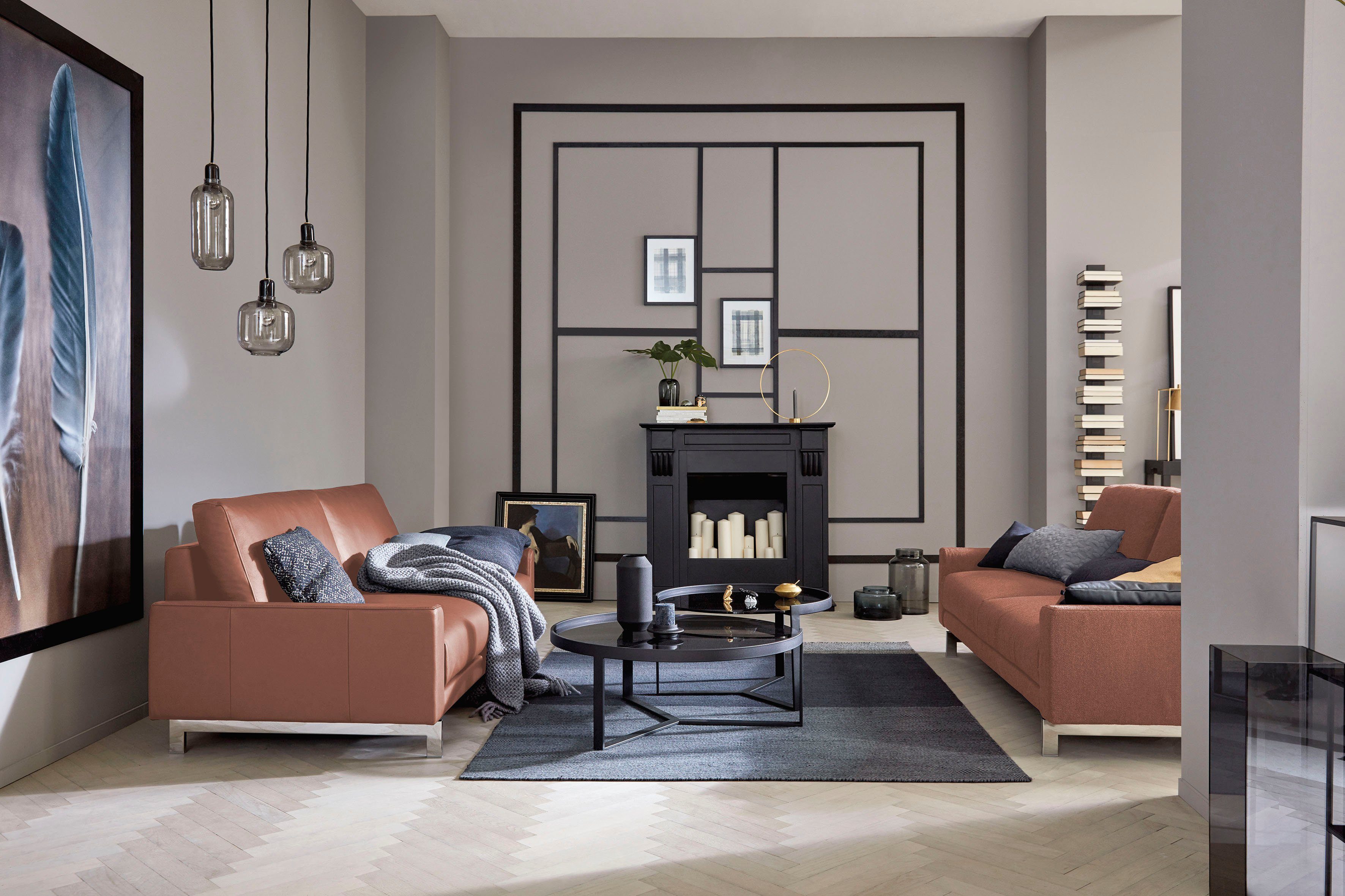 hülsta sofa 2-Sitzer glänzend, Armlehne Fuß hs.450, Breite niedrig, 164 cm chromfarben