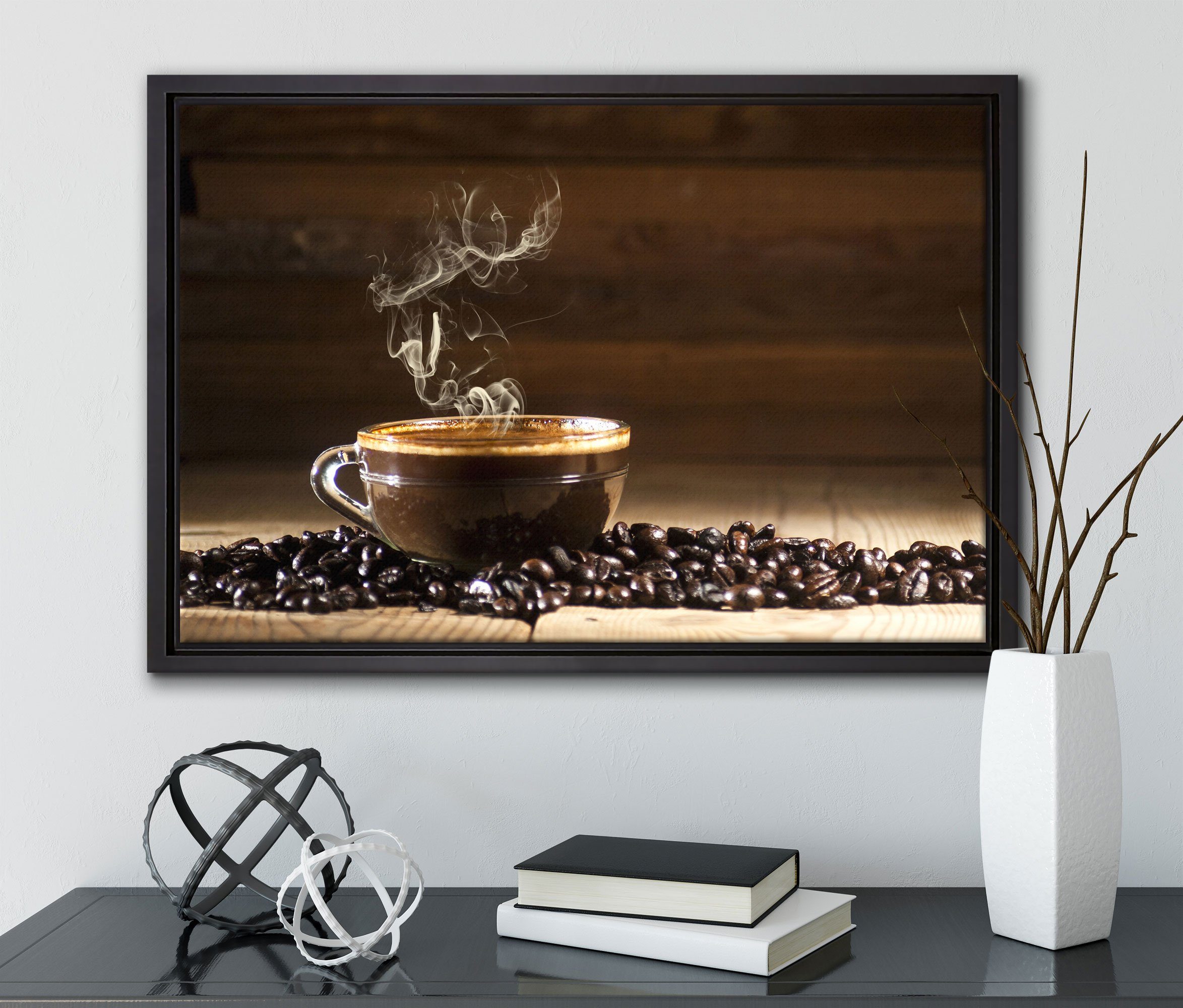 Pixxprint Leinwandbild Kaffee Kaffeebohnen, (1 St), inkl. bespannt, gefasst, in Wanddekoration fertig zwischen einem Schattenfugen-Bilderrahmen Zackenaufhänger Leinwandbild