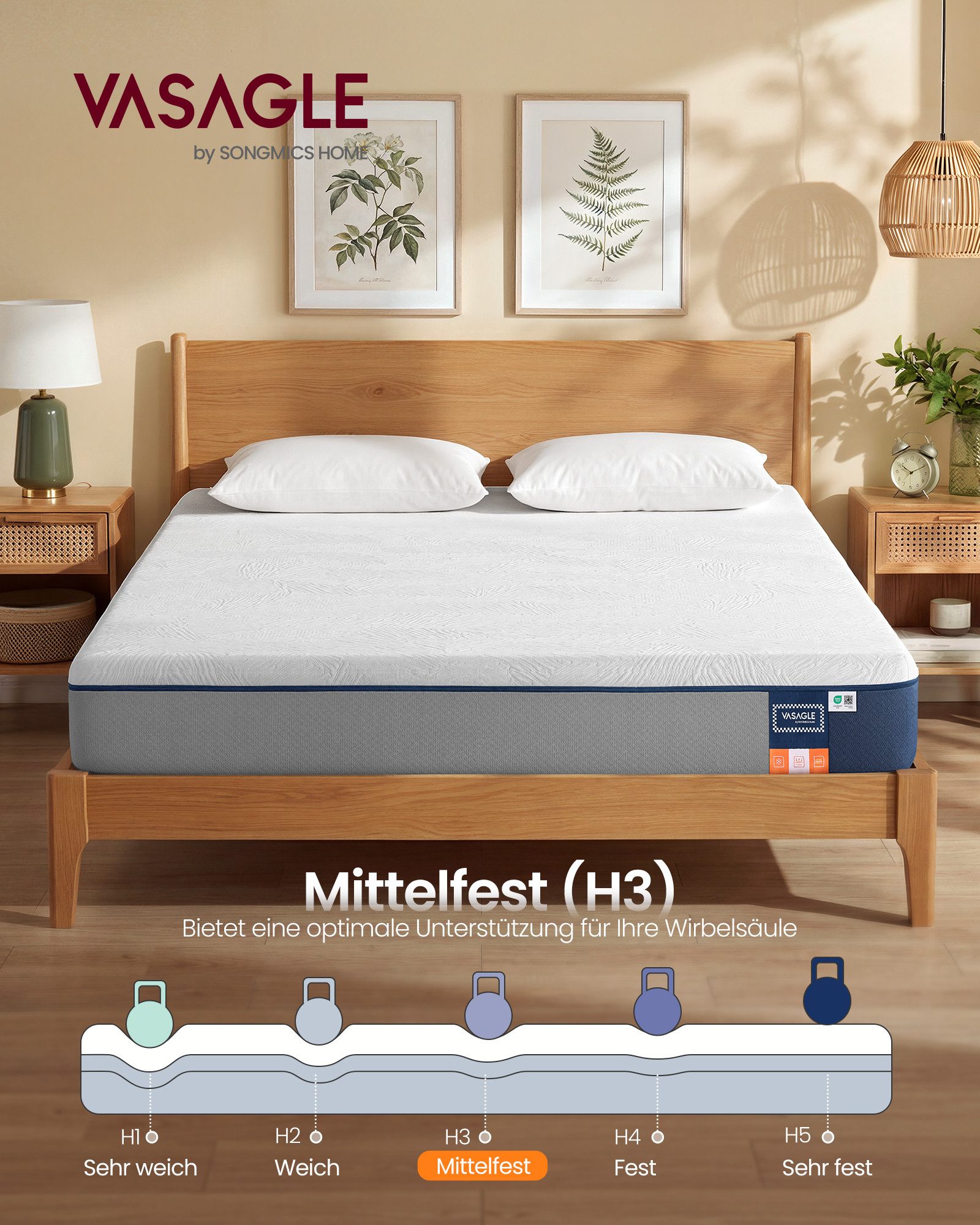 Kaltschaummatratze Gel-Memory-Schaumstoff, VASAGLE, 25 cm hoch, mittelfest, H3, 7-Zonen-Unterstützung, atmungsaktiv, Abnehmbarer