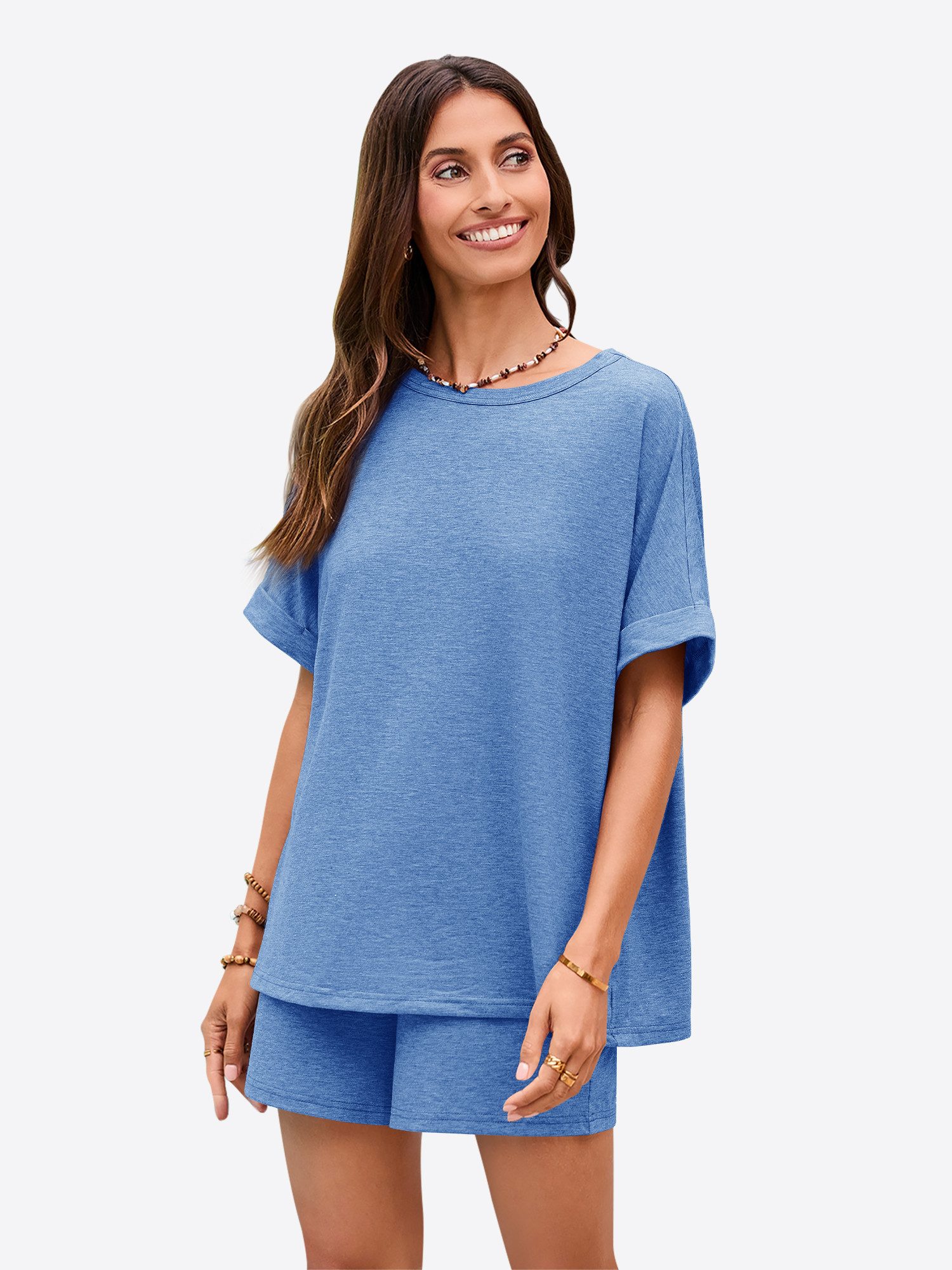 Imily Bela Hausanzug Damen 2-teilige Lounge-Sets (Set, 2 tlg., Oversized Kurzarm-T-Shirts + Shorts mit Kordelzug) einfarbig