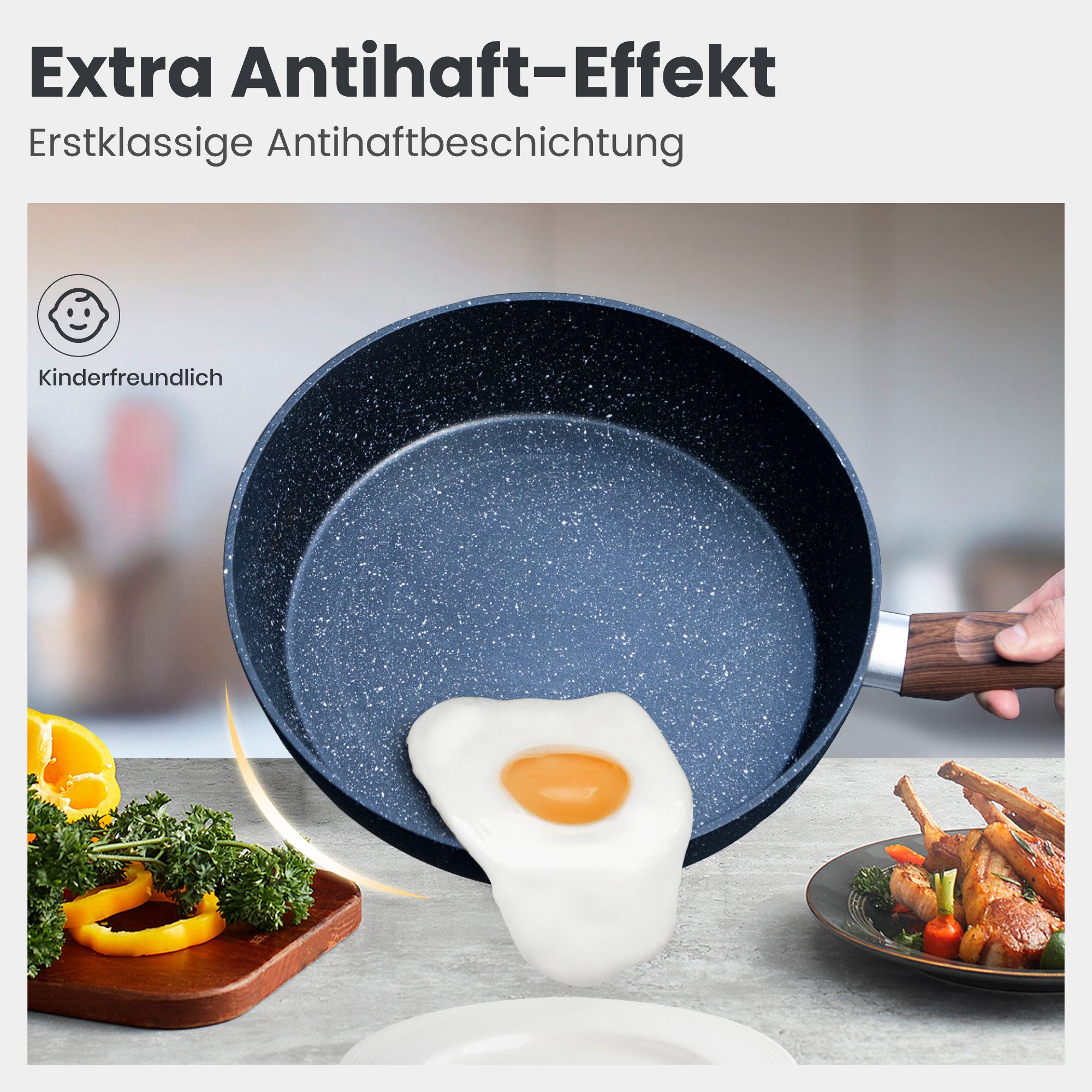 Kitchen Academy Topf-Set, Aluminium, Granit (12-tlg, Pfanne 20cm/28cm, Bratpfanne mit Deckel 24cm, Stielkasserolle mit Deckel 17cm/20cm/24cm, 2 Silikonspatel), Induktion Töpfe Set 12-teilige Granit Kochtöpfe Set