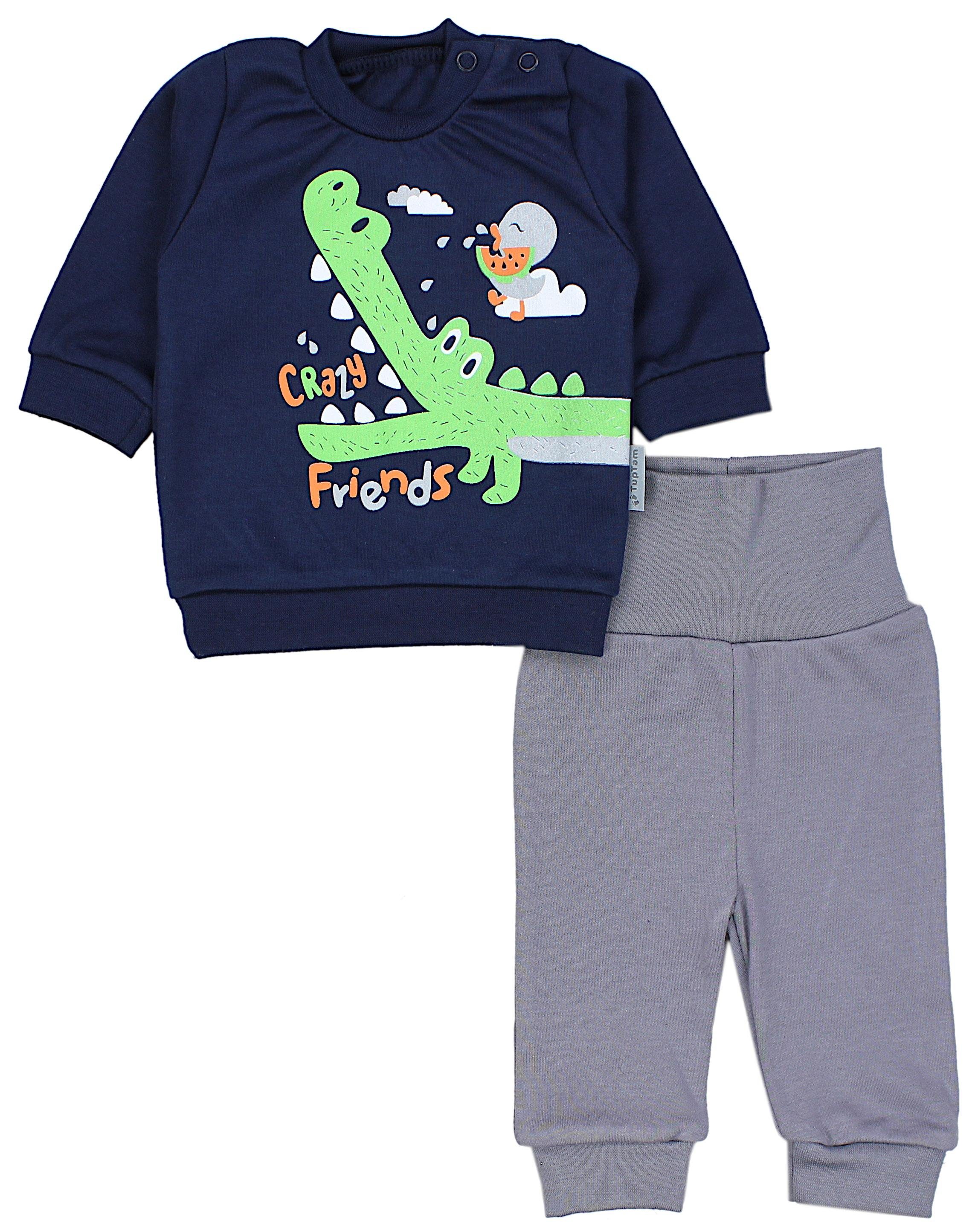 TupTam Erstausstattungspaket Baby Jungen Outfit Spruch mit Grün Babykleidung Print Dunkelblau Babyhose Krokodil Langarmshirt
