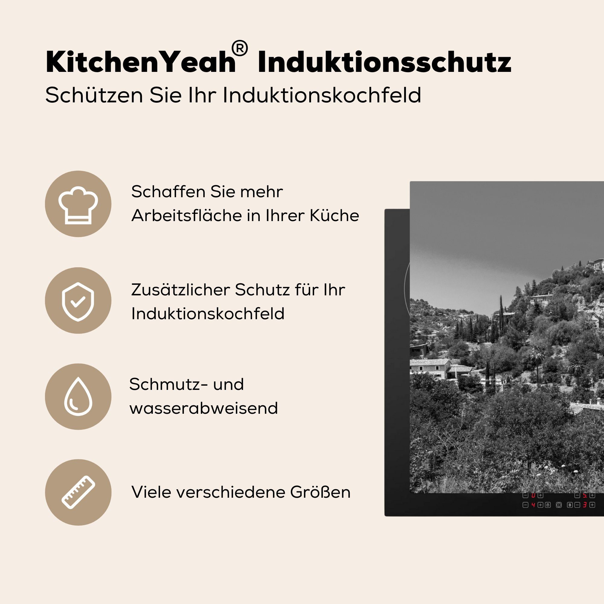Haus küche, Berg für Weiß, Vinyl, Induktionskochfeld - Ceranfeldabdeckung Herdblende-/Abdeckplatte Mallorca 81x52 Schwarz - MuchoWow tlg), (1 Schutz - die - cm,