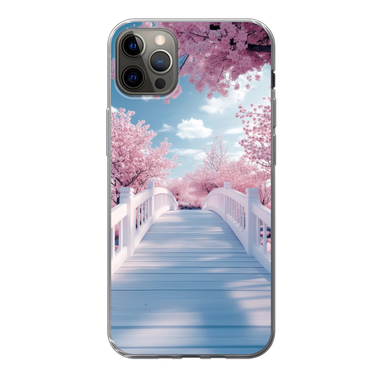 MuchoWow Handyhülle für Apple iPhone 13 Pro Max Brücke - Kirschbäume - Weiß, Smartphone-Bumper, Print, Handy Schutzhülle Dünn