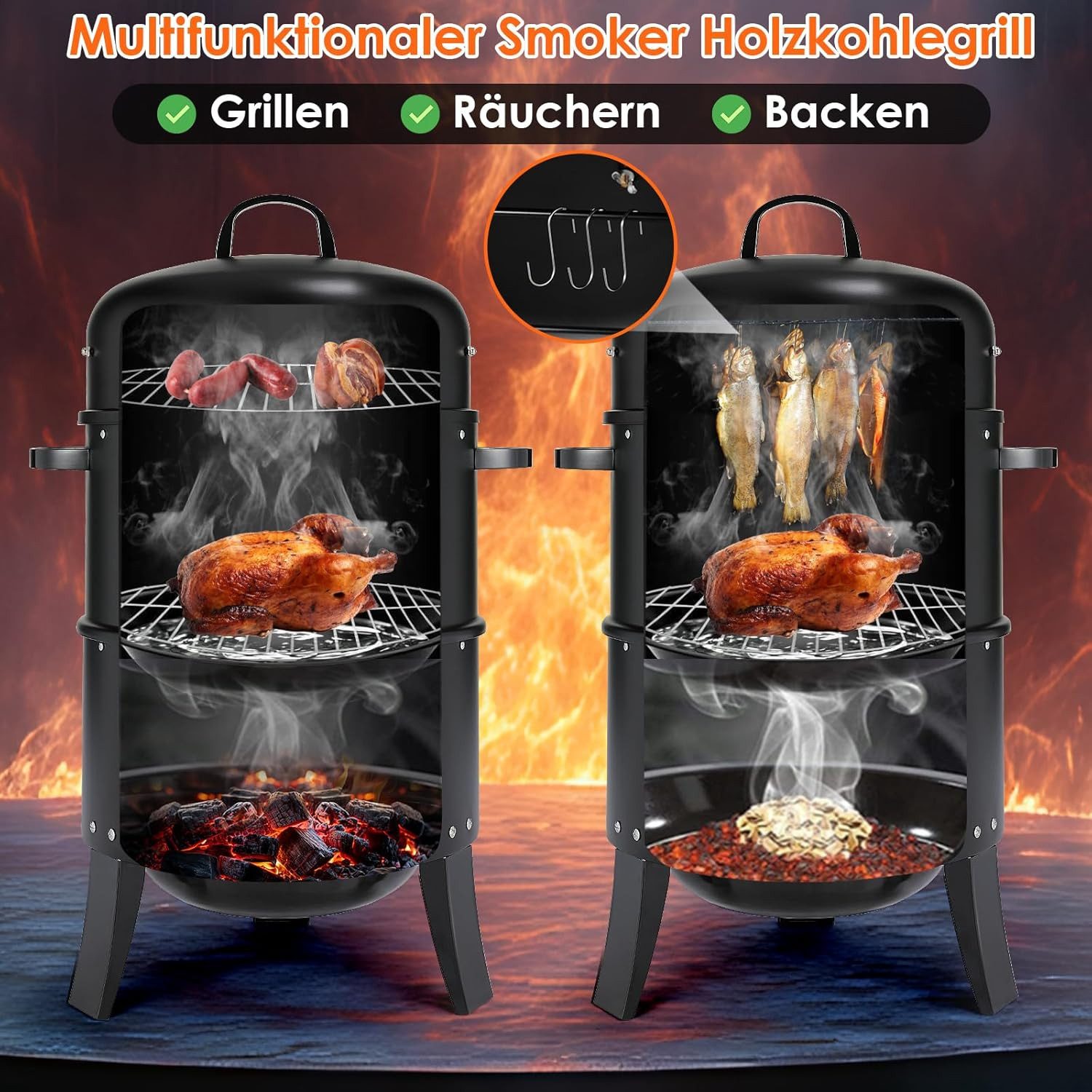 TLGREEN Smoker Räucherofen, 3 in 1 Smoker Grill, Holzkohlegrill, Räuchertonne Räuchergrill Watersmoker, Ø44,5x80 cm – Bild 4 von 5