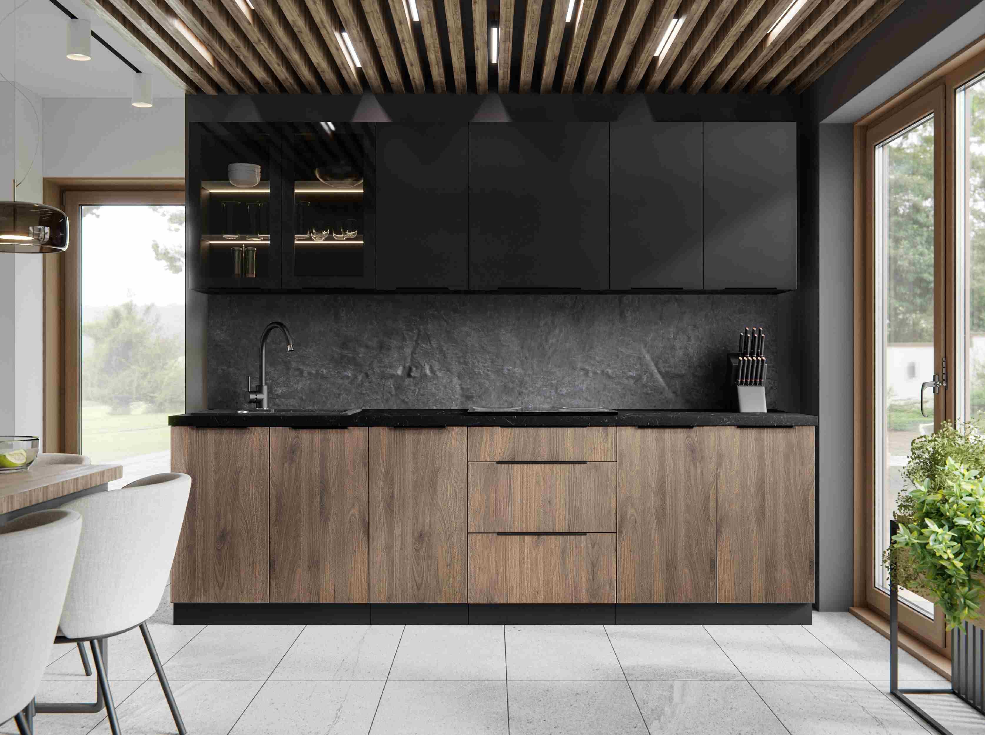 Furnix Küchenzeile Linaris-Iconica Einbau-Küche 260 cm Küchenmöbel Vitrine schwarz/braun, 260x85,8x60 cm, Höhe oben je nach Montage, Design & Funktionalität