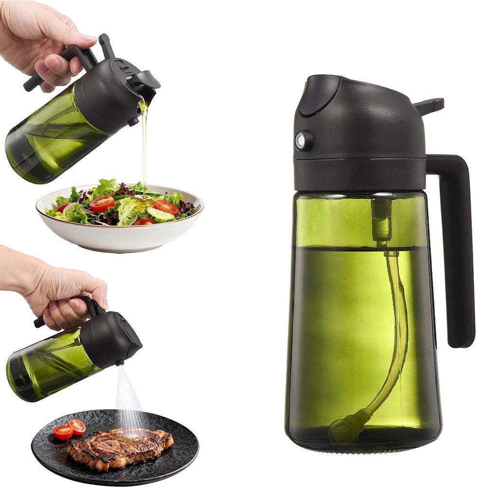 TUWENA Ölspender 2-in-1 Ölsprüher für Speiseöl, 470ml UV-Schutz Glas Dunkler Ölsprüher, Ölsprühgerät für Zum Kochen, Grillen, Küche, Heißluftfritteuse, Backen