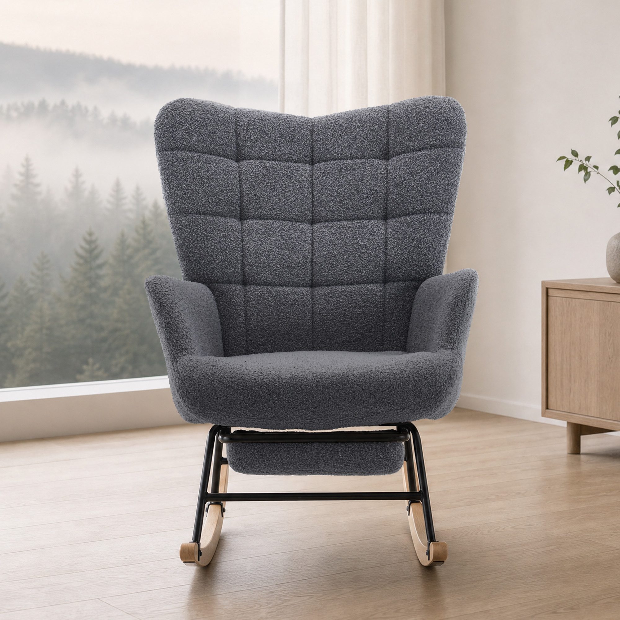 HAUSS SPOLE Schaukelstuhl mit ausziehbarer Fußstütze,Relaxsessel mit Schaukelfunktion,Grau (Relaxsessel Polstersessel mit Fußstützefunktion und Schaukelfunktion), Wohnzimmersessel mit geschwungenen Holzschaukelfüßen