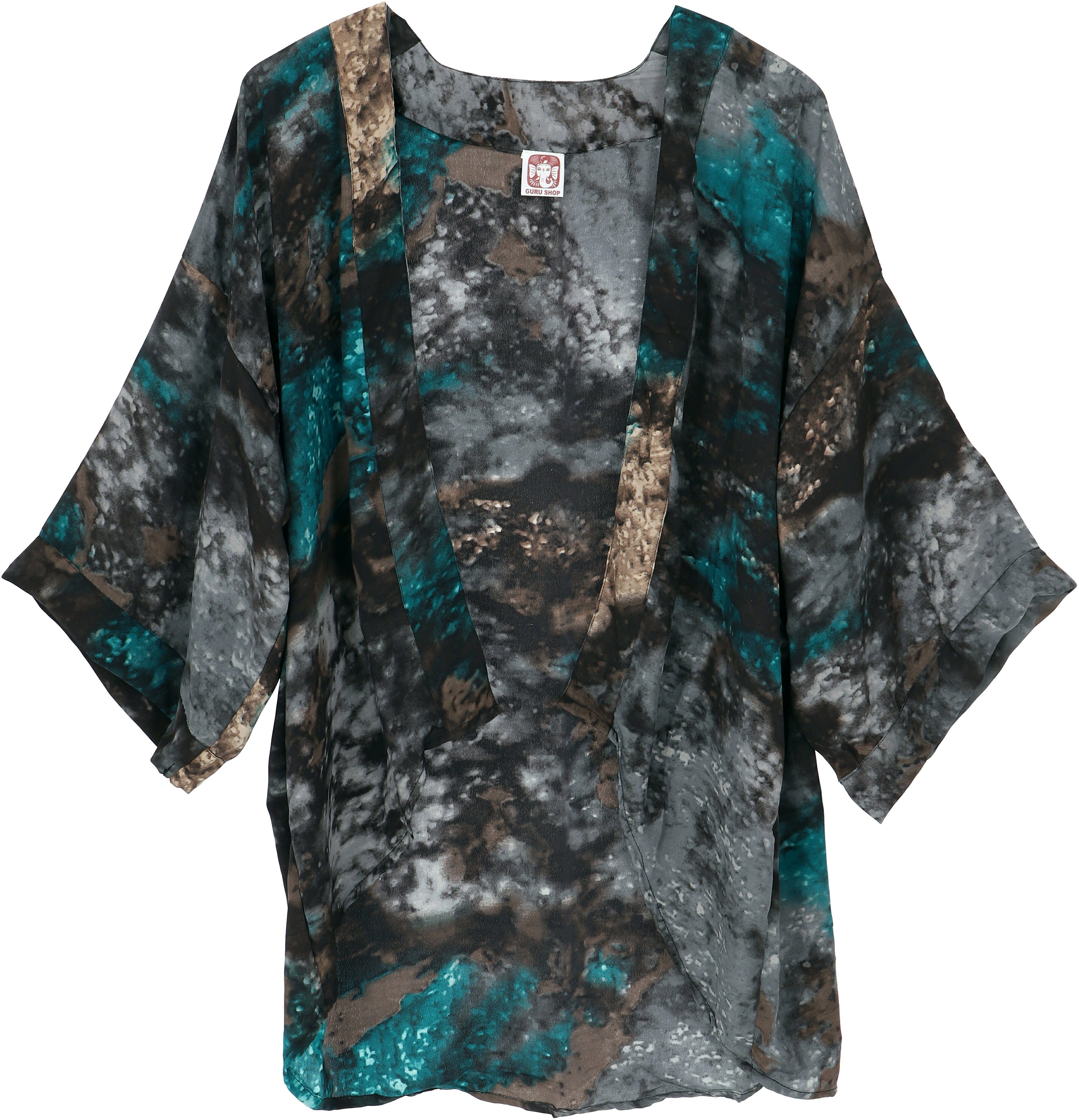 Guru-Shop Kimono Kurzer Kimono, Boho Kimono, offener Kimono -.., alternative Bekleidung blau/schwarz | Damen Bademäntel