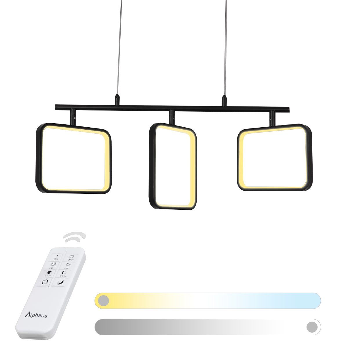 Alphaus LED Pendelleuchte LED Hängeleuchte Wohnzimmerlampe, LED wechselbar, Dimmbar, Einstellbar Farbtemperatur, Höhenverstellbar, Pendellampe aus Eisen A02603-24W