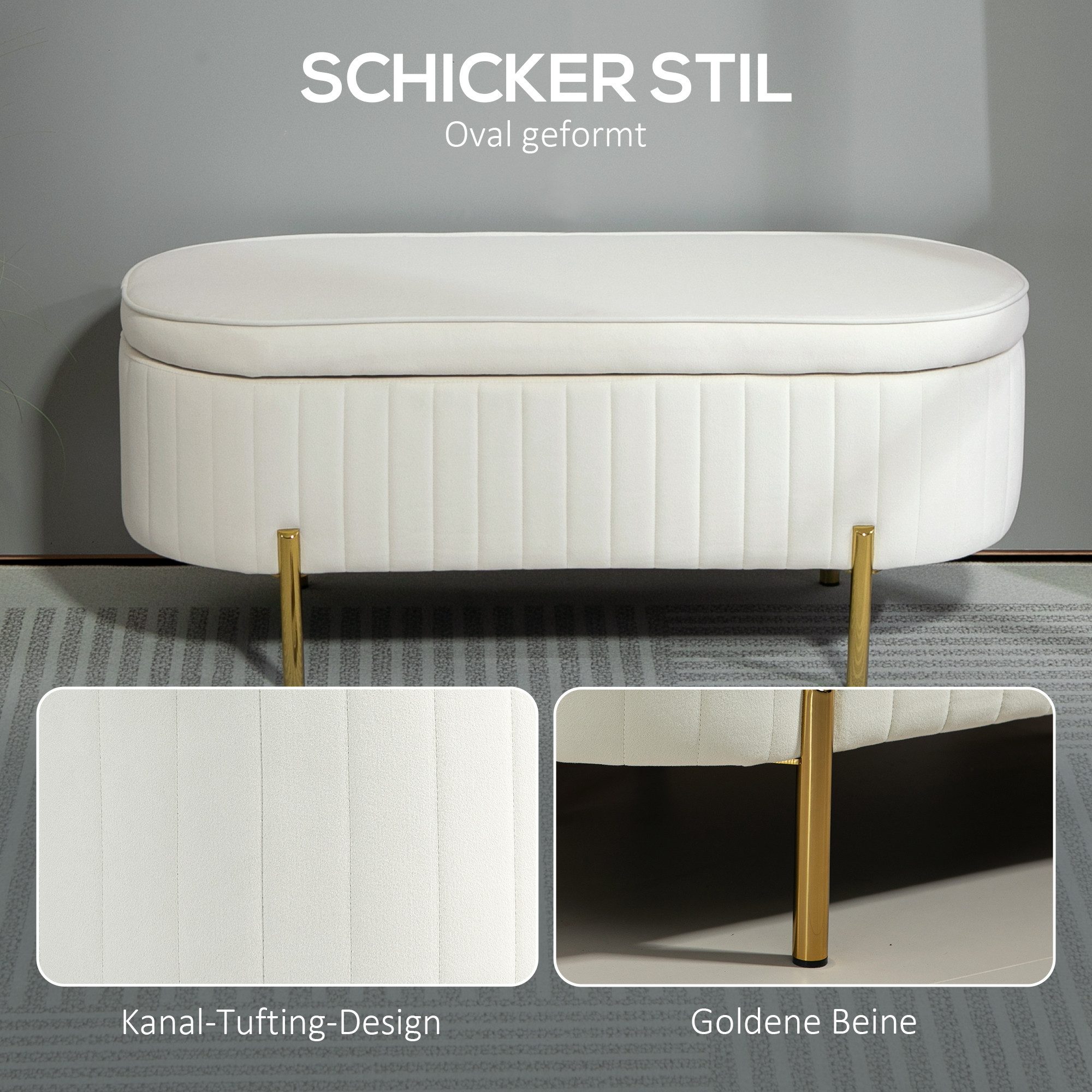 HOMCOM Sitzbank Polsterbank mit Samtoptik, Bettbank mit Metallbeine (Sitztruhe, 1-St., Stoffbezug), Holz, Metall, Cremeweiß+Golden – Bild 5 von 5