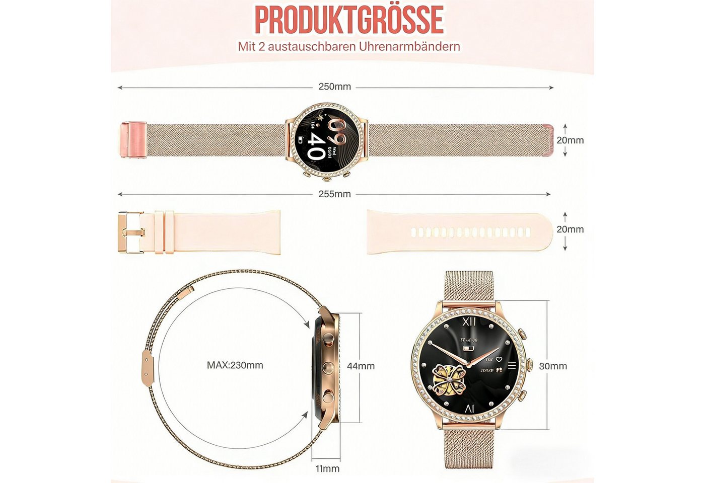 AIBISTAR Smartwatch Damen mit Telefonfunktion, HD Voll Touchscreen Wasserdicht Smartwatch, Diamantzifferblatt, austauschbare Armbänder, 1.32 Zoll Schlafmonitor Blutdruckmessung Schrittzähler für Android/iOS goldfarben