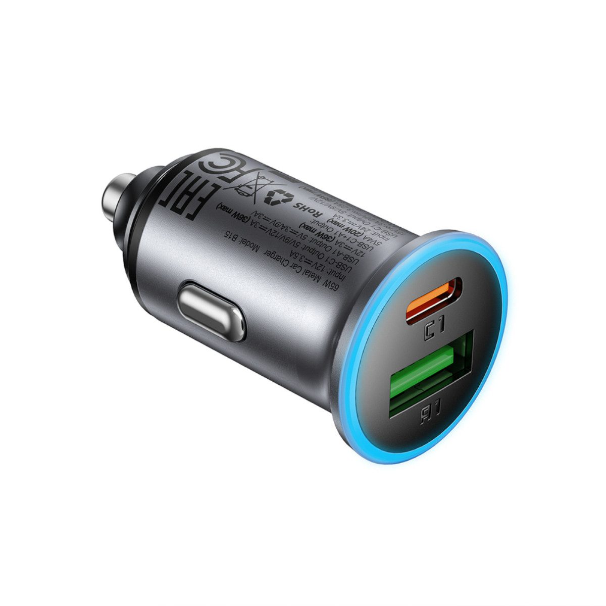 Acefast B15 KFZ-Adapter Kfz-Stecker, 12 V Fahrzeugstecker, 24 V Fahrzeugstecker zu USB-A, USB-C, 65W Kfz-Ladegerät mit USB-C USB-A und LED