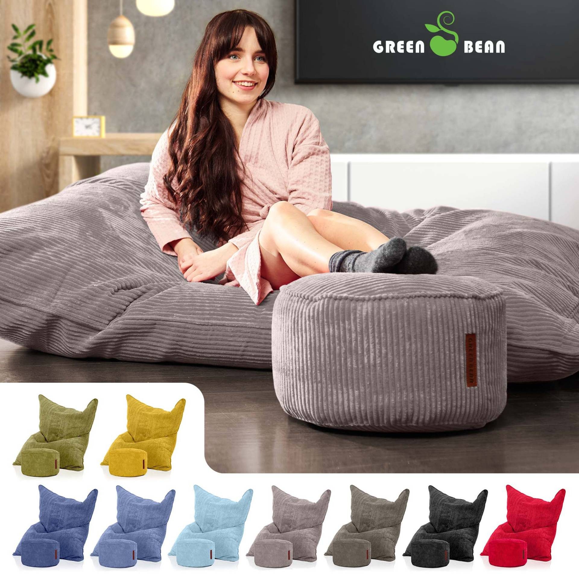 Green Bean Sitzsack XXL Sitzsack Square Cord + Hocker (Sitzsack + Hocker im Set - XXL Riesensitzsac mit passendem Fußhocker), Bean Bag Bodenkissen Liegekissen S – Bild 3 von 5