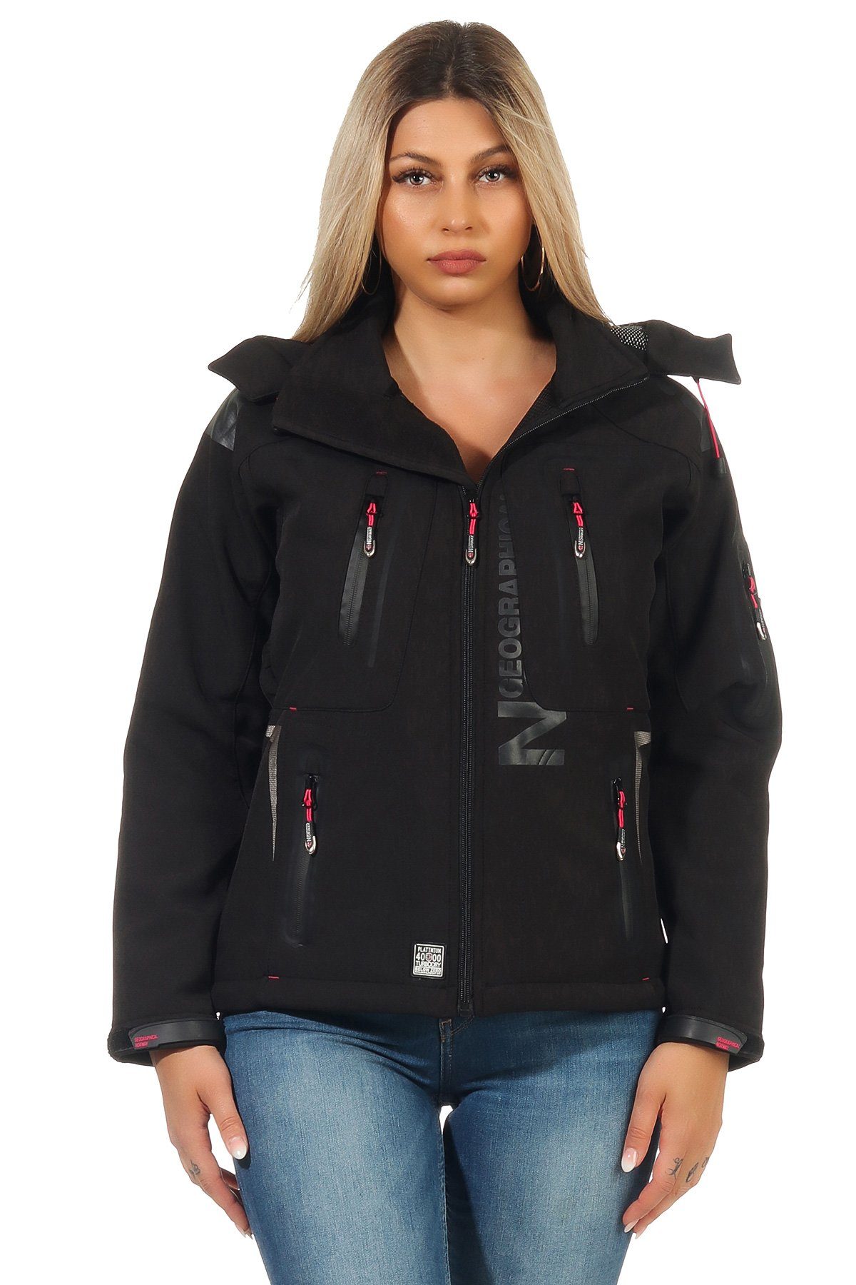 Geographical Norway Softshelljacke Geographical Norway Damen Softshelljacke G-Tansy by leyoley mit abnehmbarer Kapuze, hochschließender Kragen