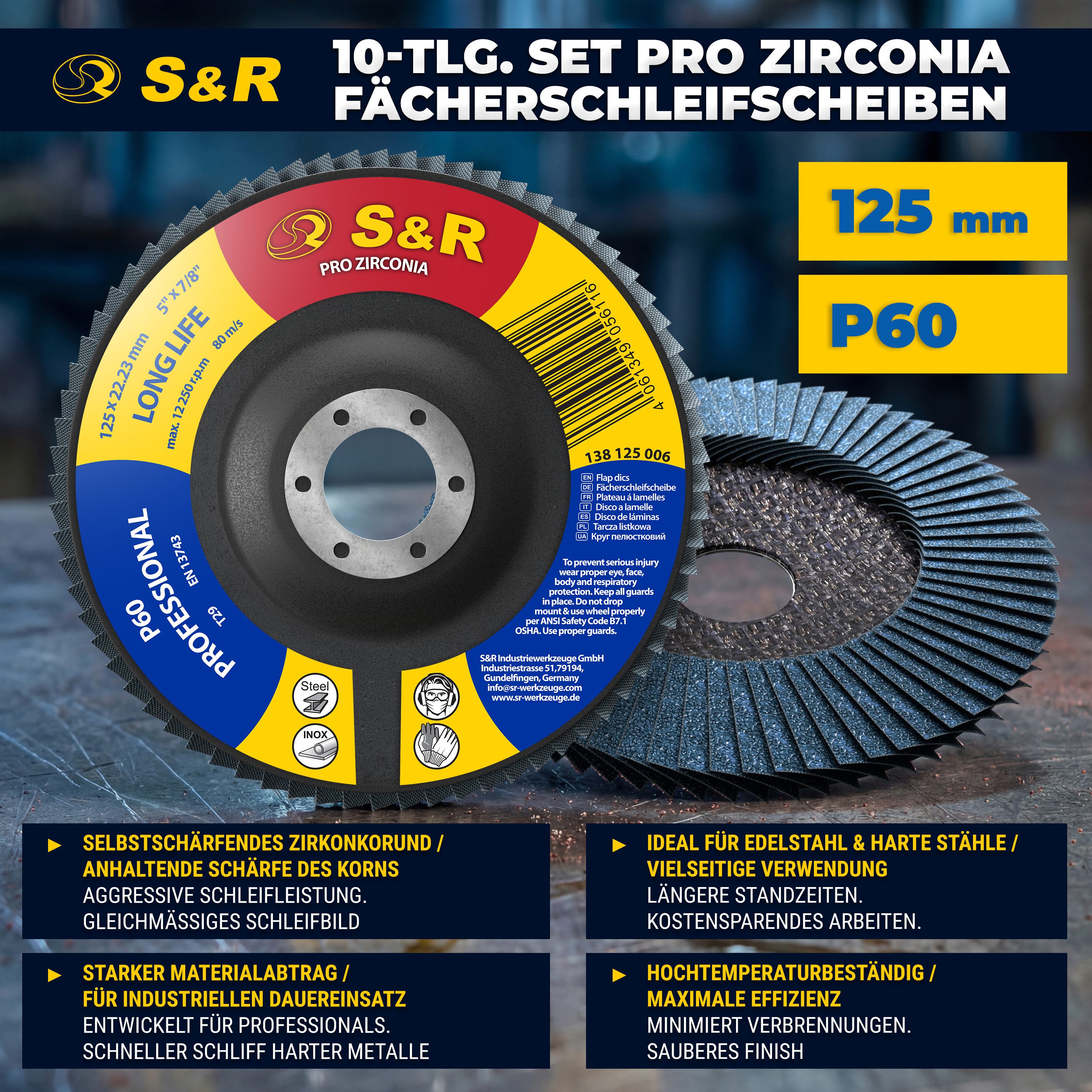 S&R Schleifscheibe Fächerschleifscheiben Set, 125 x 22,23 mm, Profi Qualität, (Set, 10 St., 10-teilig), T29, Lamellenschleifer Satz für Stahl, Edelstahl, Körnung P60