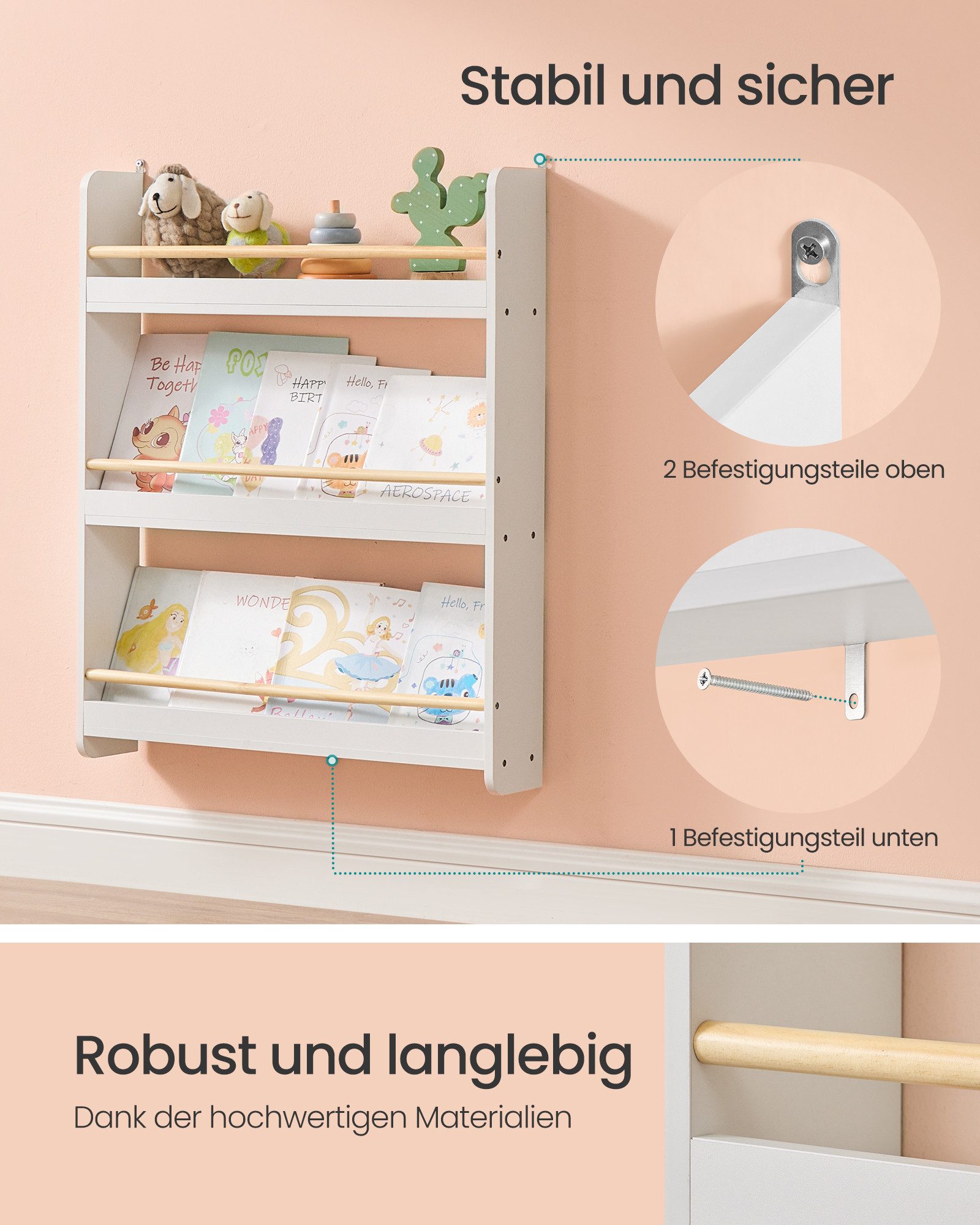 SONGMICS Toy Chest Bookshelf for Children, with 3 Levels, Toy Shelf, Wall Shelf, for Children's Room, Playroom