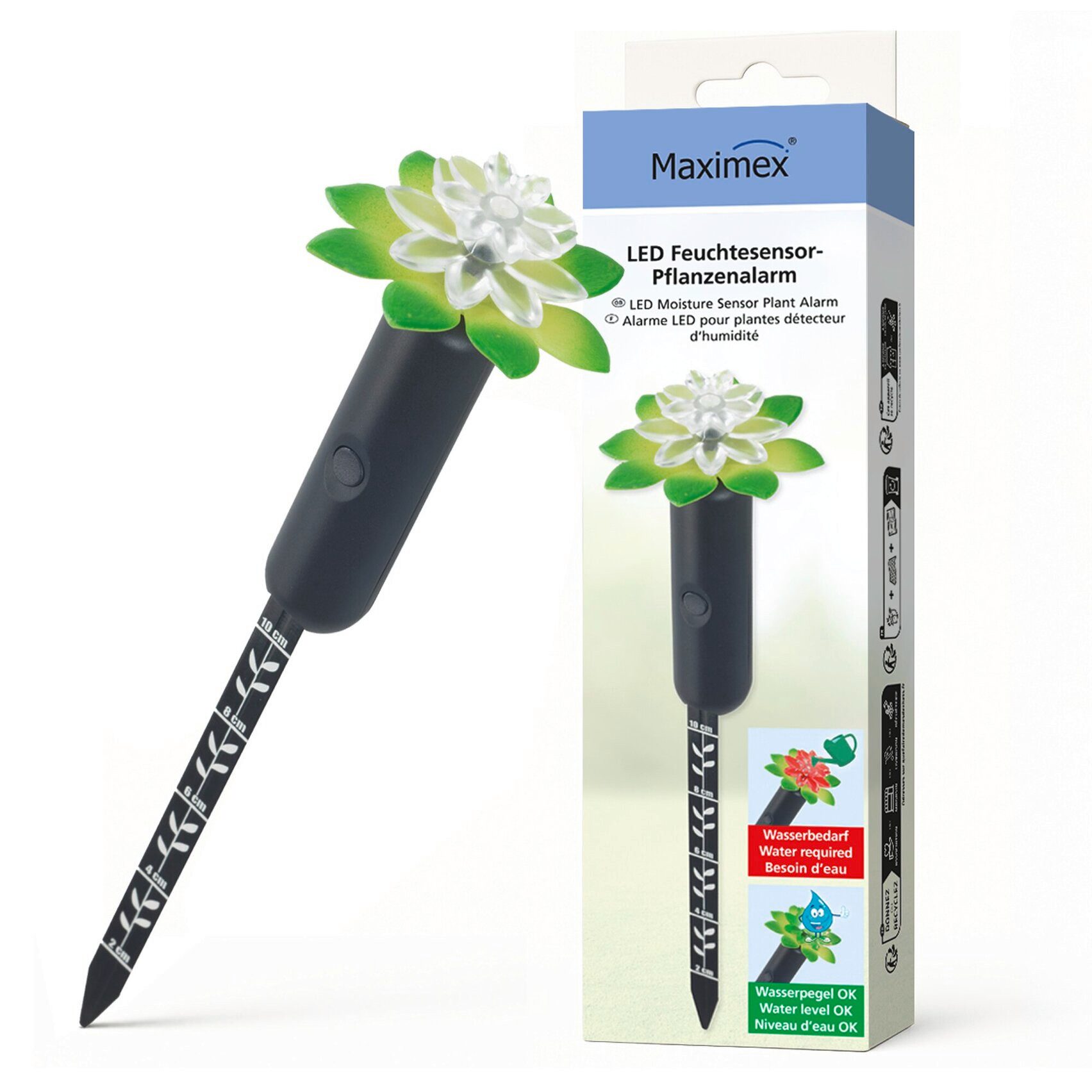 Maximex Pflanzenlampe Modell Pflanzen-Alarm, Ein-/Ausschalter, LED fest integriert, Farbwechsler, LED Boden-Feuchtigkeitsmesser für Pflanzen mit Ampelsystem