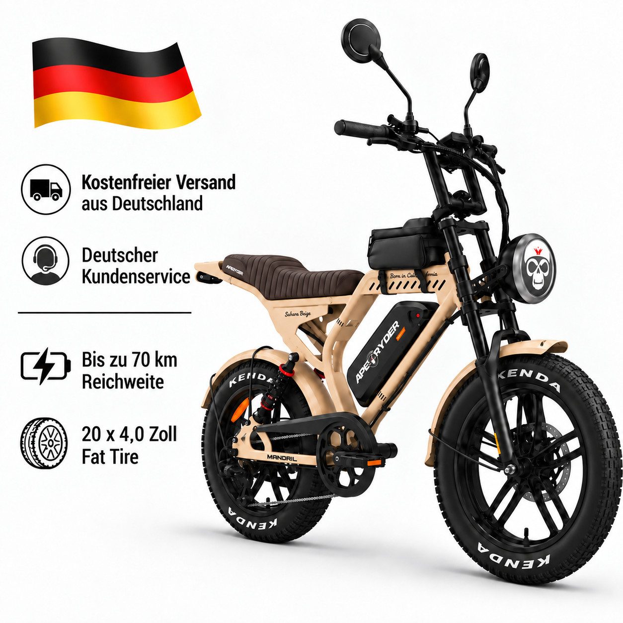 APE RYDER E-Bike Mountainbike 20 Zoll Fatbike 48V 15Ah Akku, bis 80 km, Shimano 7-Gang, hydraulisch, 7 Gang, Heckmotor, 720 Wh, (Packung)