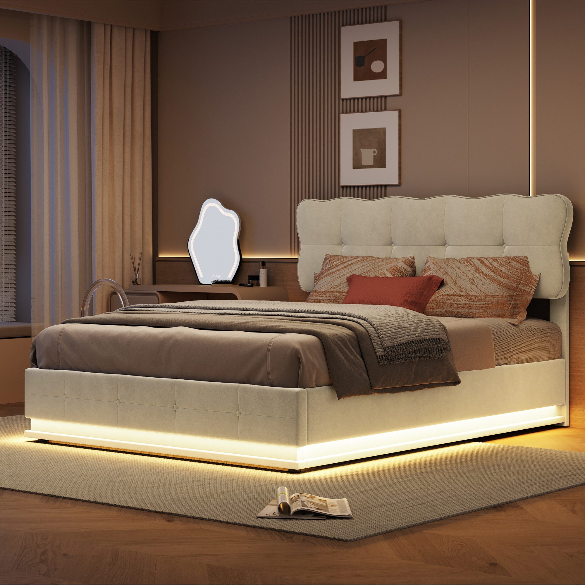 FUROKOY Stauraumbett Polsterbett Doppelbett (Gepolstertes Kopfteil mit Kekswellen-Design), Hydraulikbett Funktionsbett, ohne Matratze, Samt, Beige, 160x200cm