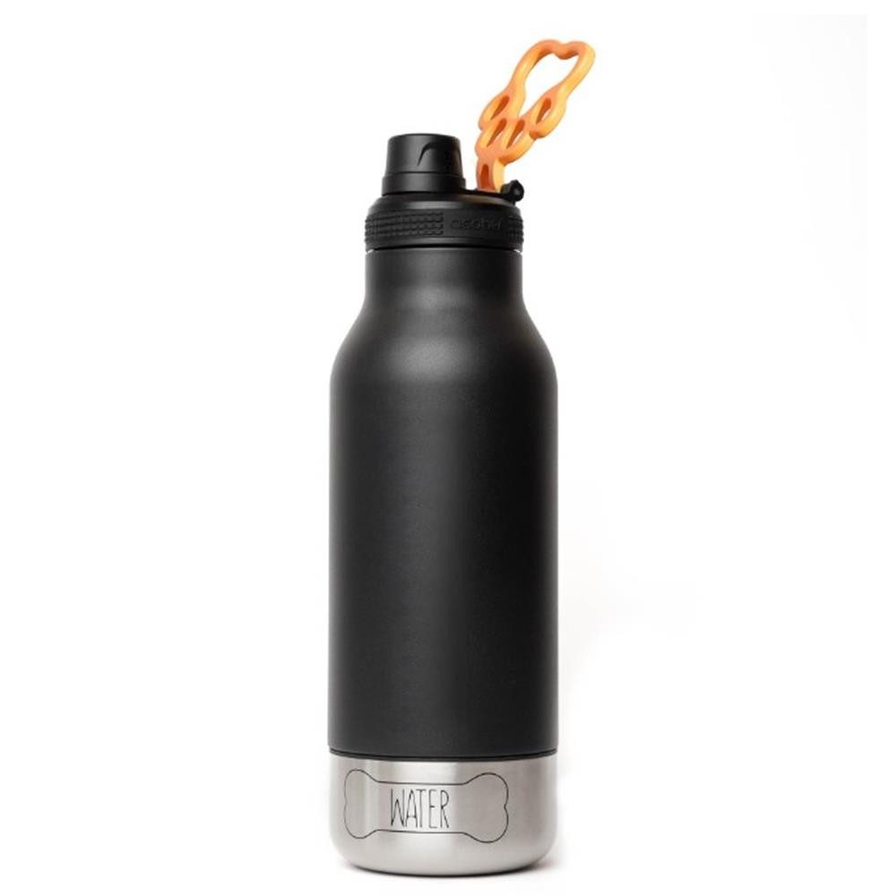 ASOBU Trinkflasche Dog Bowl Buddy Edelstahlflasche mit 2 Näpfen schwarz, 1 Liter