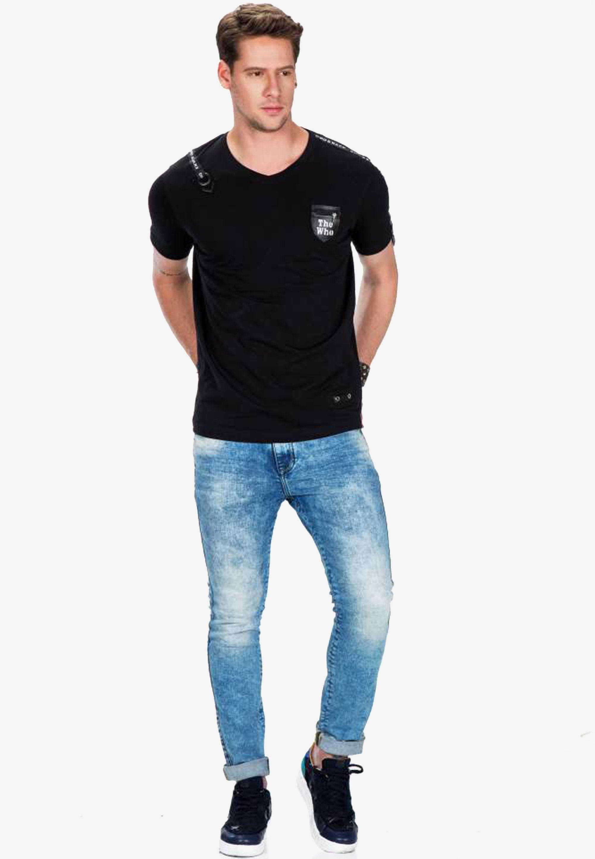 Cipo & Baxx T-Shirt mit kleiner Motivtasche schwarz