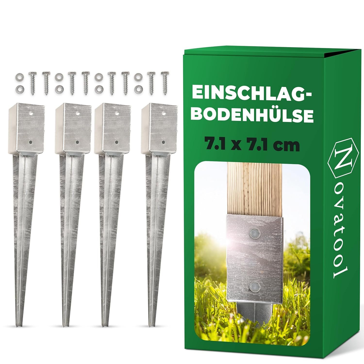 Novatool Einschlag-Bodenhülse 31074-4x, Novatool 4x Einschlagbodenhülsen-Set 71x71x750 mm, Bodenhülse Sonnensc