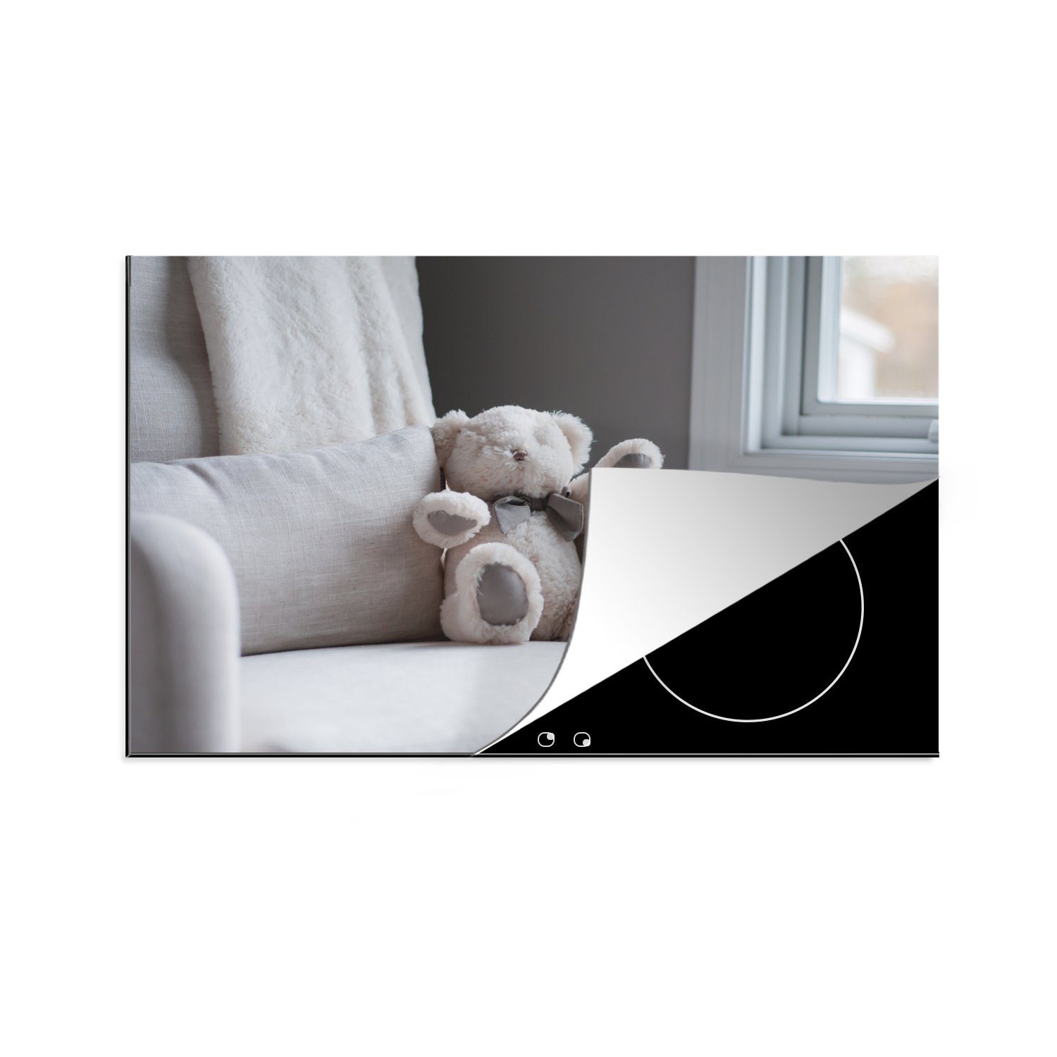 MuchoWow Herdblende-/Abdeckplatte Teddybär auf einem Stuhl, Vinyl, (1 tlg), 81x52 cm, Induktionskochfeld Schutz für die küche, Ceranfeldabdeckung