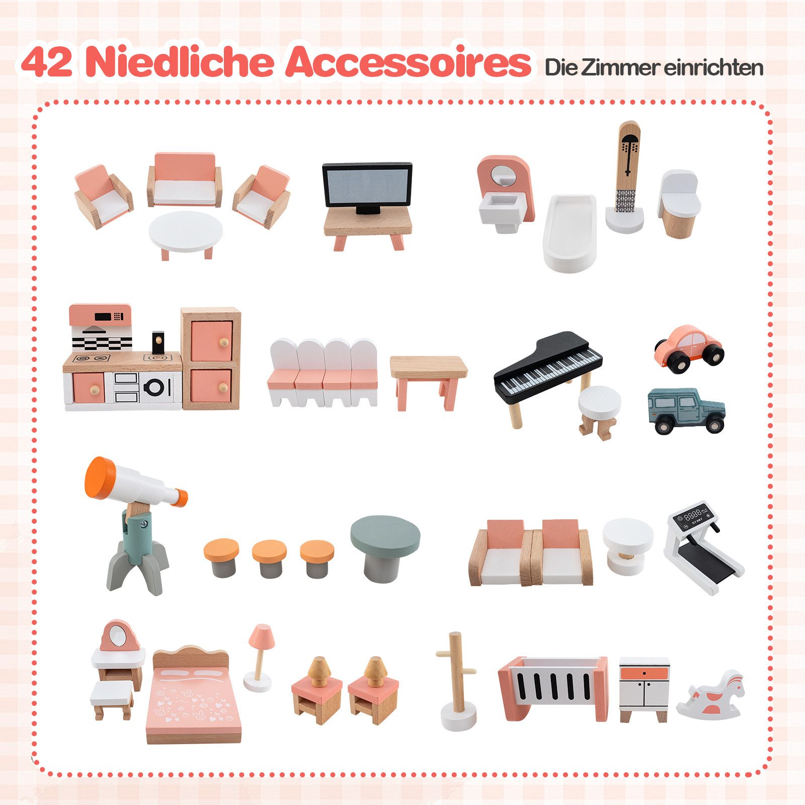 COSTWAY Puppenhaus, 6 Etagen mit 6 Zimmern & 41 Zubehör, Holz
