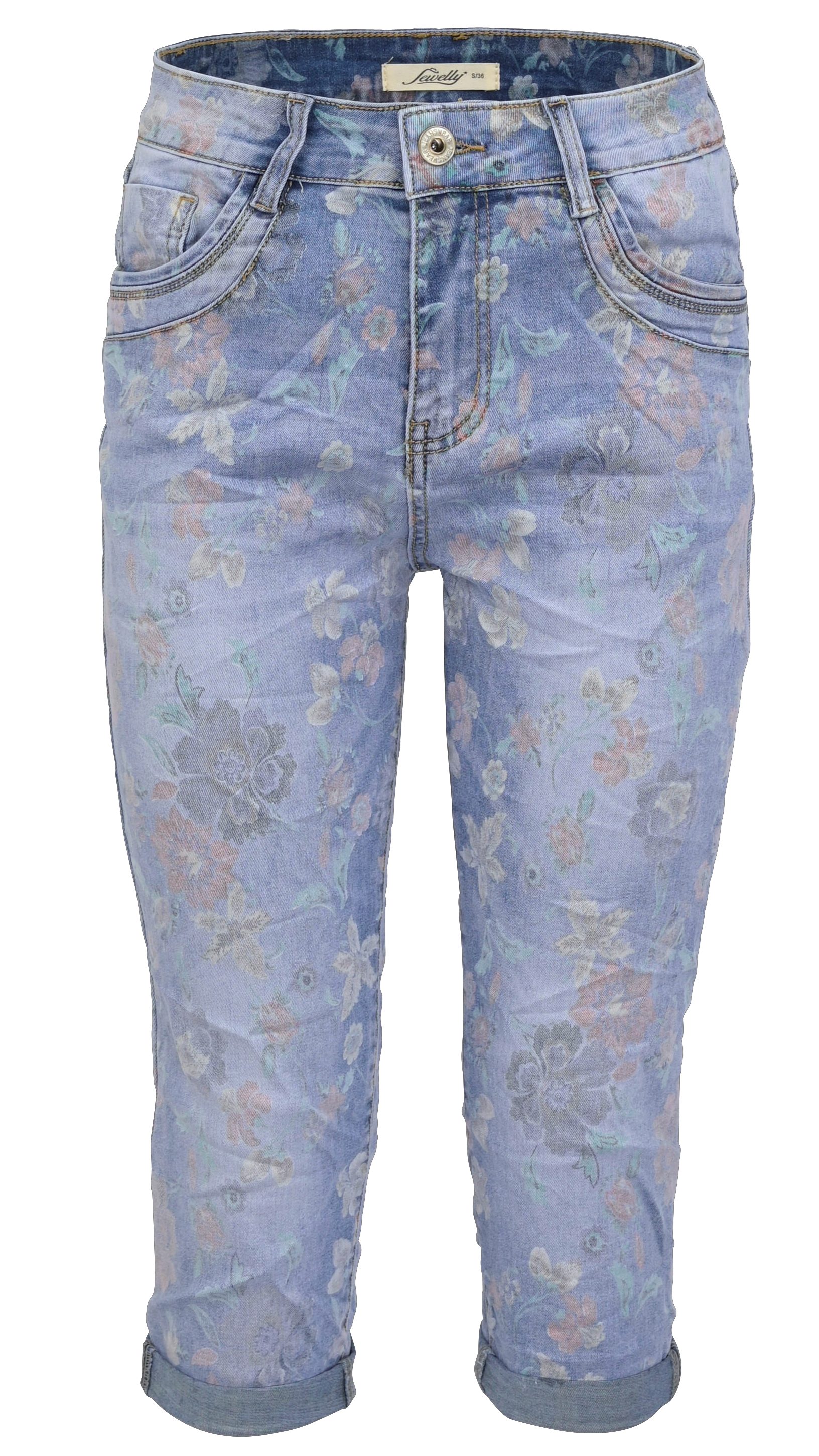 Jewelly Regular-fit-Jeans Capri Jeans im Crash-Look, Boyfriend Hose mit,  Capri-Jeans mit Blumenprint