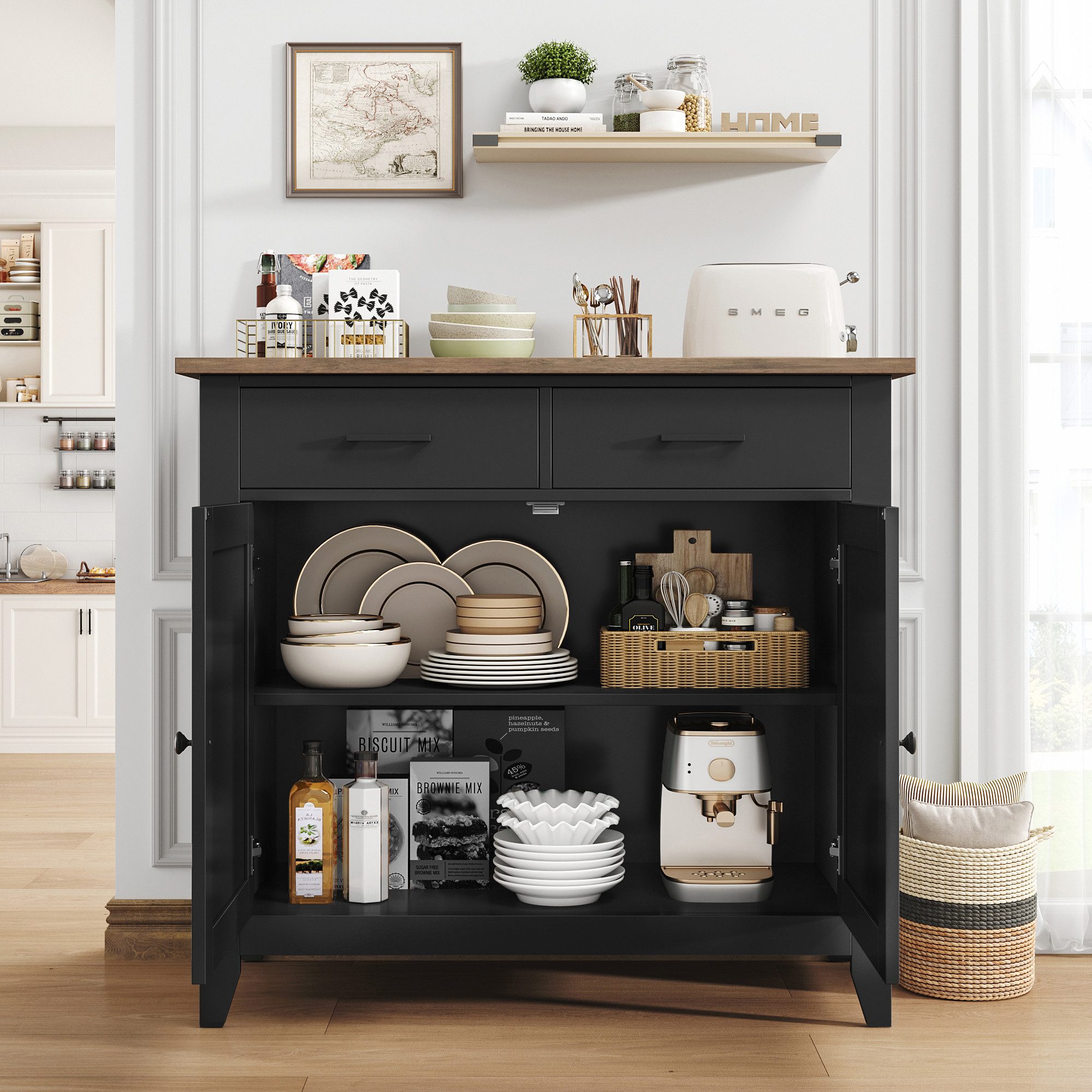 HOMECHO Sideboard, Küchenschrank mit Arbeitsplatte, 2 Schubladen, 82x40x91c günstig online kaufen