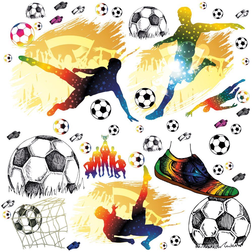 Sunnywall Wandtattoo XXL Wandtattoo Fussball Set Kinderzimmer Aufkleber Soccer Football, einzigartiges Design