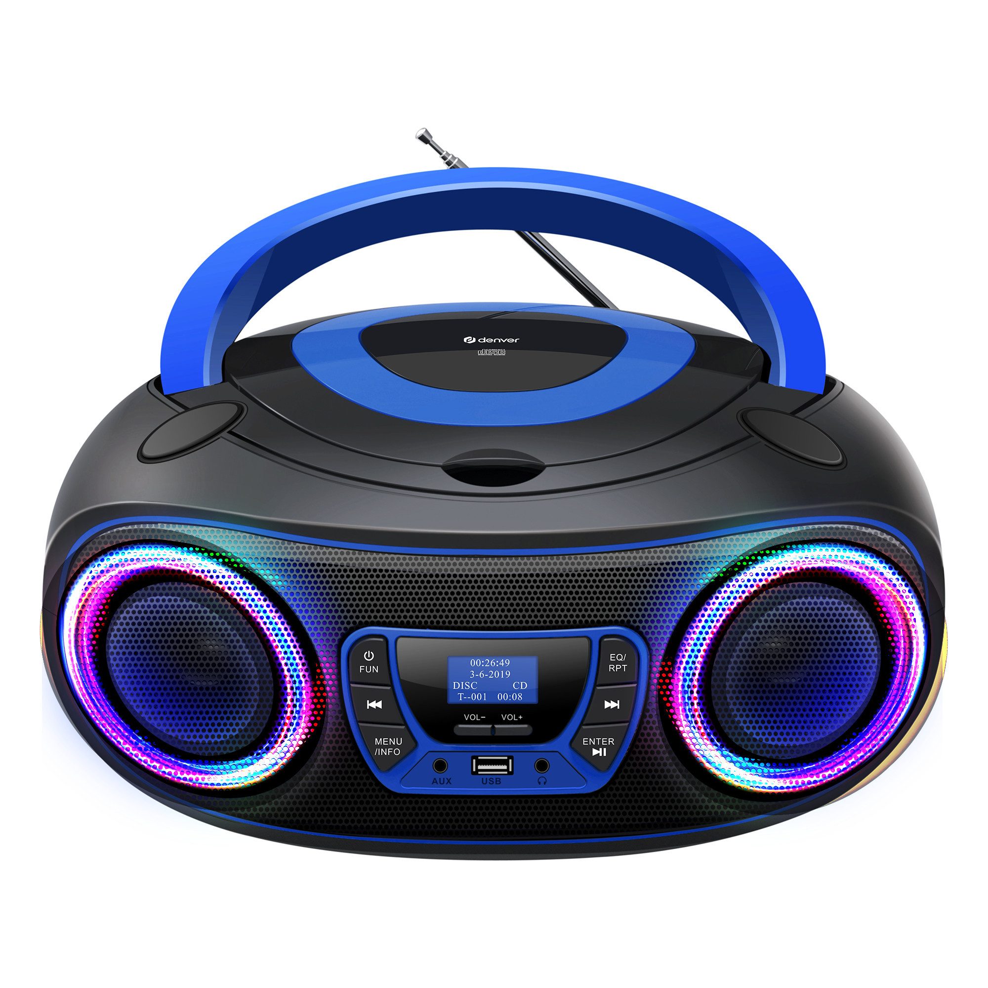 Denver TDB-212BU CD-Player (Bluetooth, DAB+/FM Radio, MP3 via USB,& AUX, Musik Streaming über Bluetooth, CD-Player, Bluetooth, 2 x 18W Output, Batterie- oder Netzbetrieb möglich)